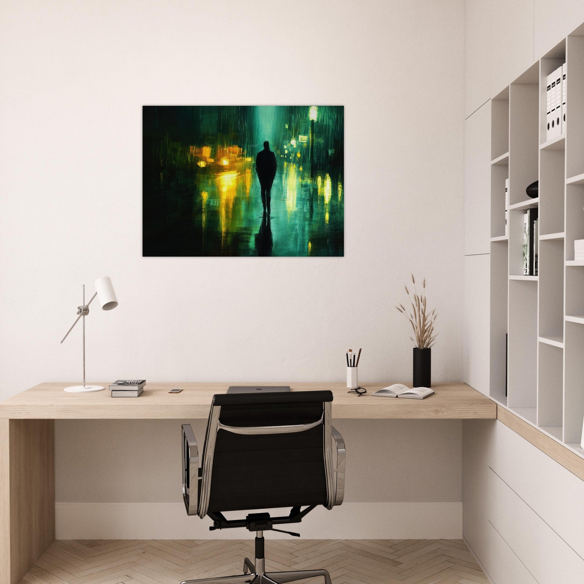 Fine Art Poster Landscape - A man walks alone in the pouring rain his figure - Shop Ai Art WebShop - Digital Art online Store