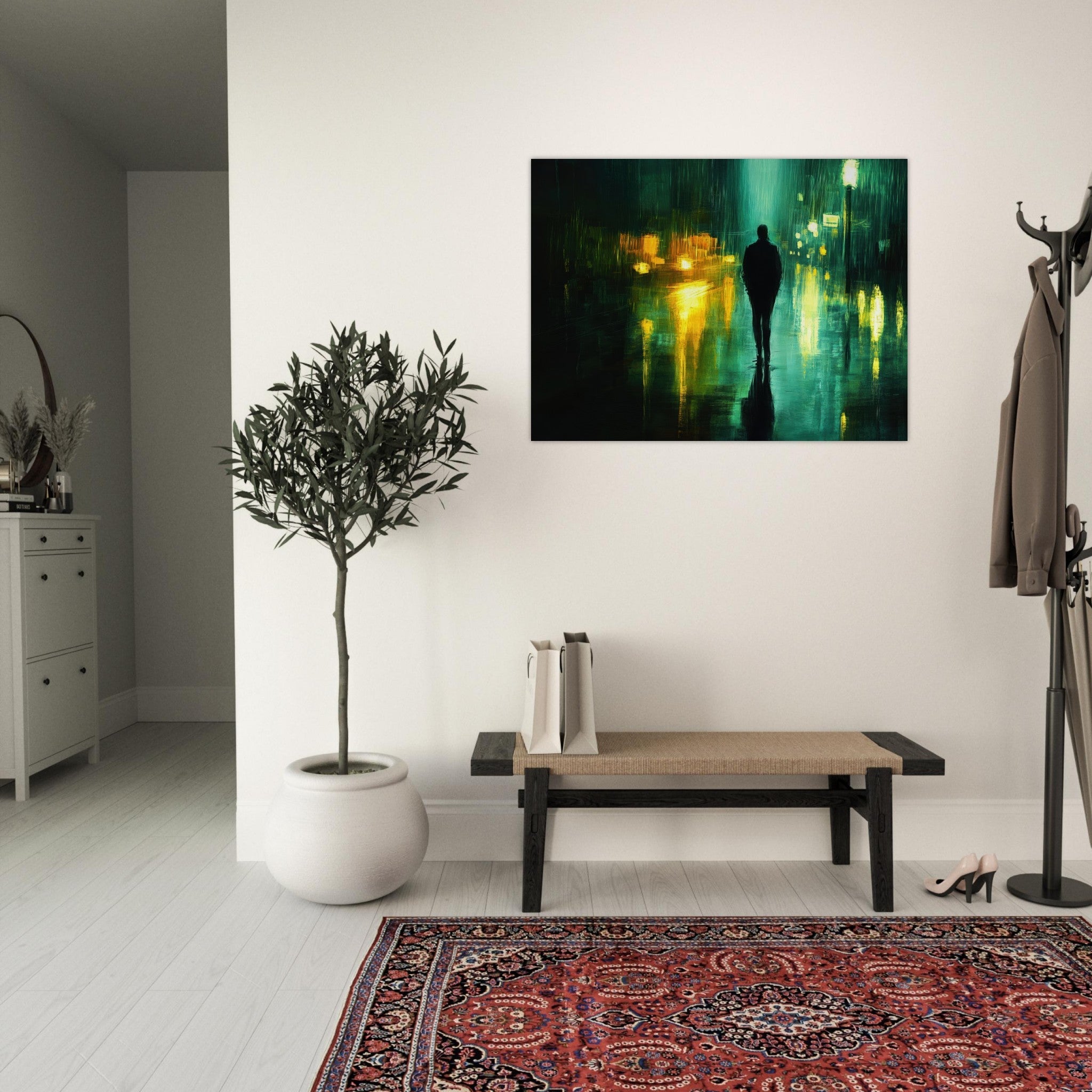 Fine Art Poster Landscape - A man walks alone in the pouring rain his figure - Shop Ai Art WebShop - Digital Art online Store