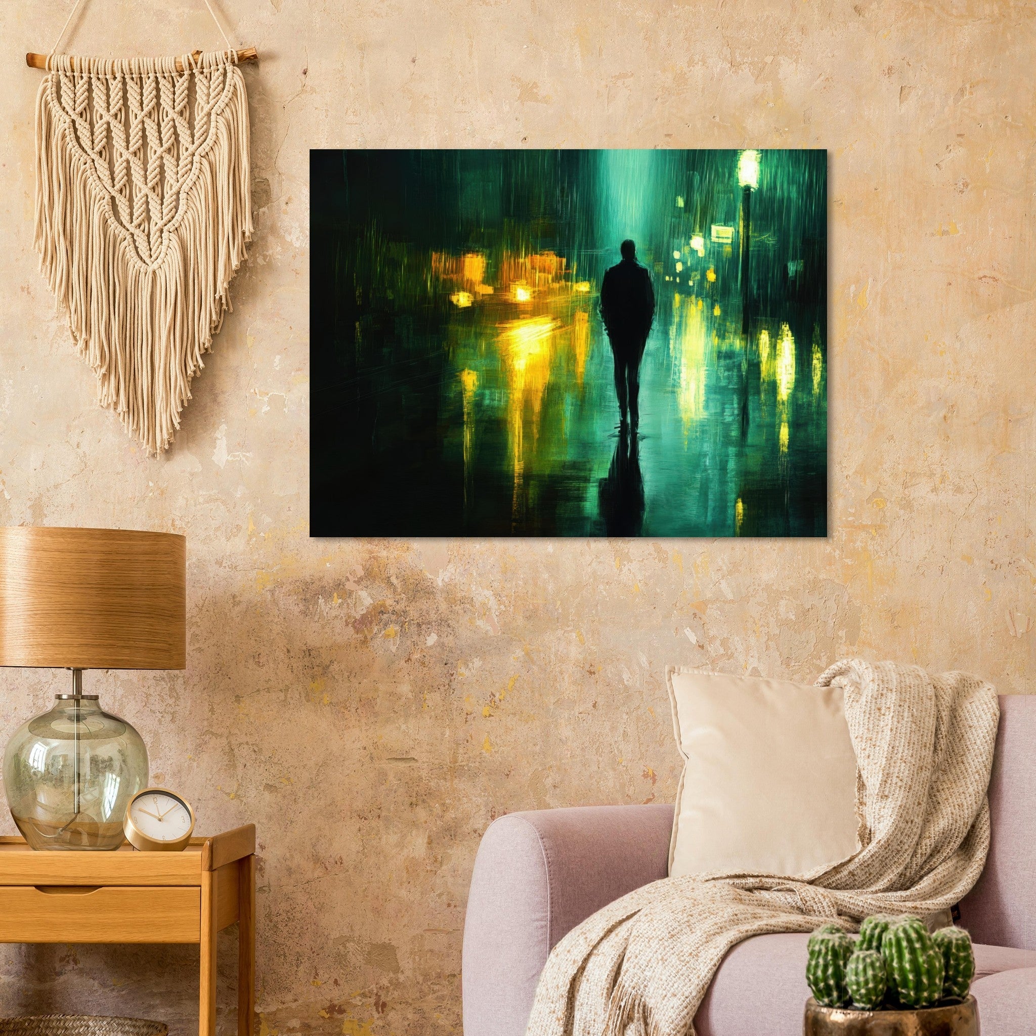 Fine Art Poster Landscape - A man walks alone in the pouring rain his figure - Shop Ai Art WebShop - Digital Art online Store