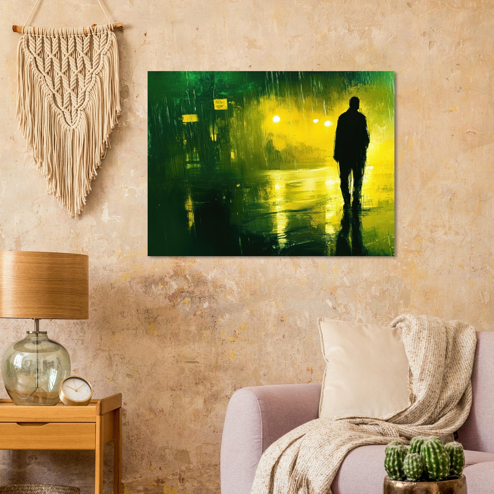 Fine Art Poster Landscape - A man walks alone in the pouring rain his figure 3 - Shop Ai Art WebShop - Digital Art online Store