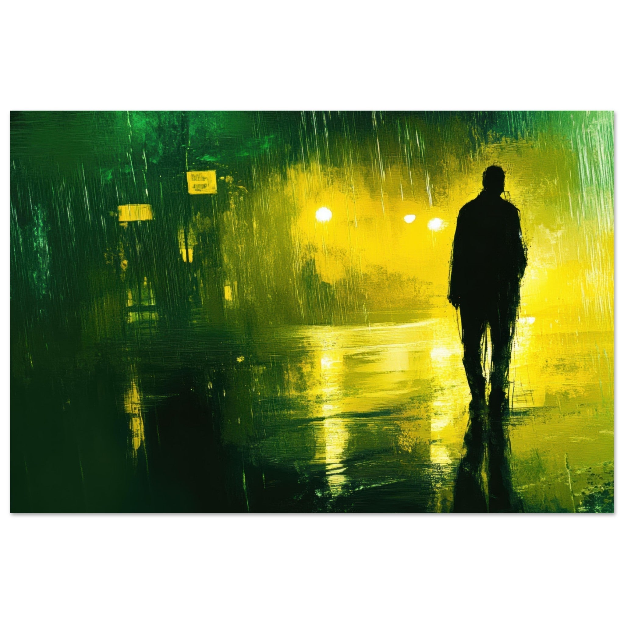Fine Art Poster Landscape - A man walks alone in the pouring rain his figure 3 - Shop Ai Art WebShop - Digital Art online Store