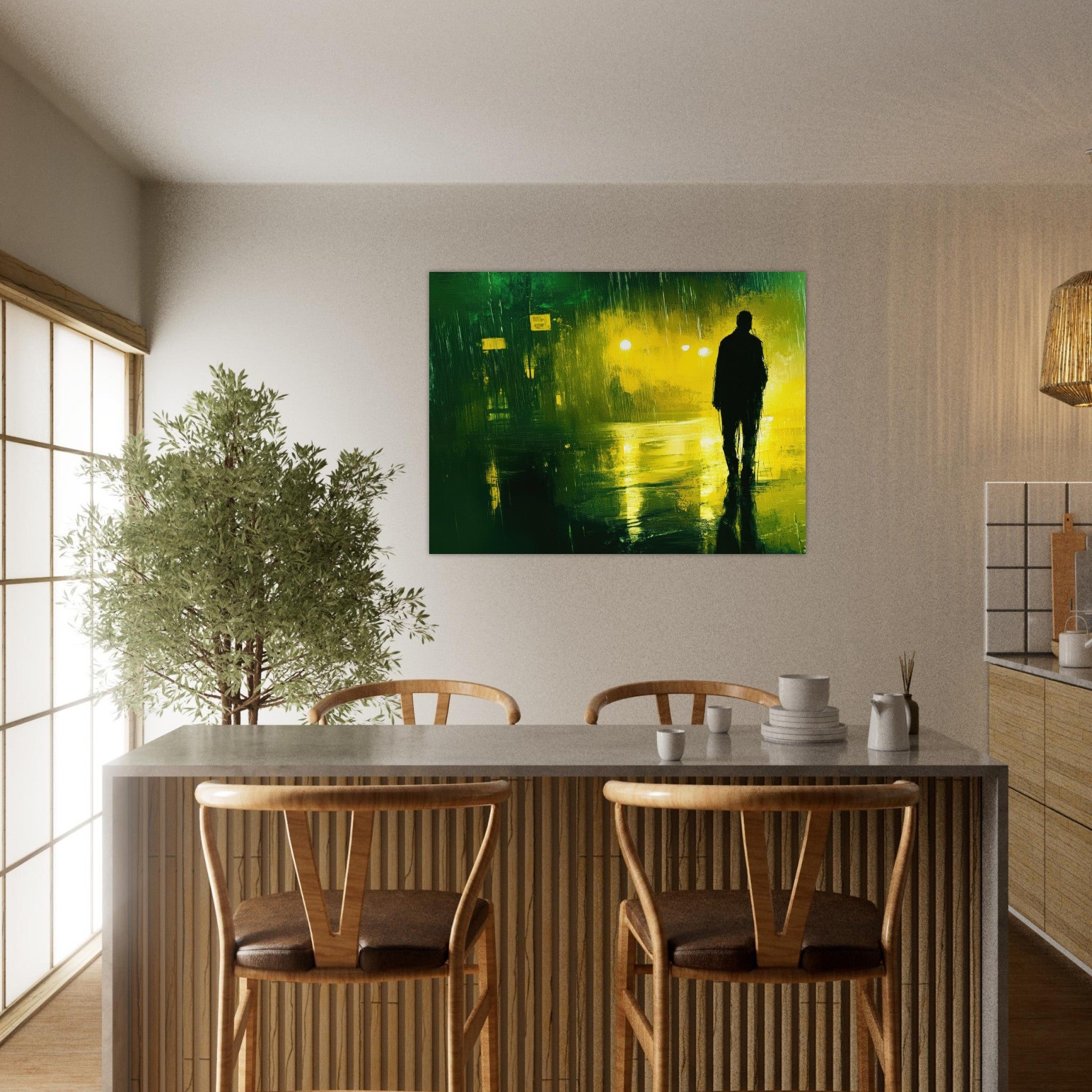 Fine Art Poster Landscape - A man walks alone in the pouring rain his figure 3 - Shop Ai Art WebShop - Digital Art online Store