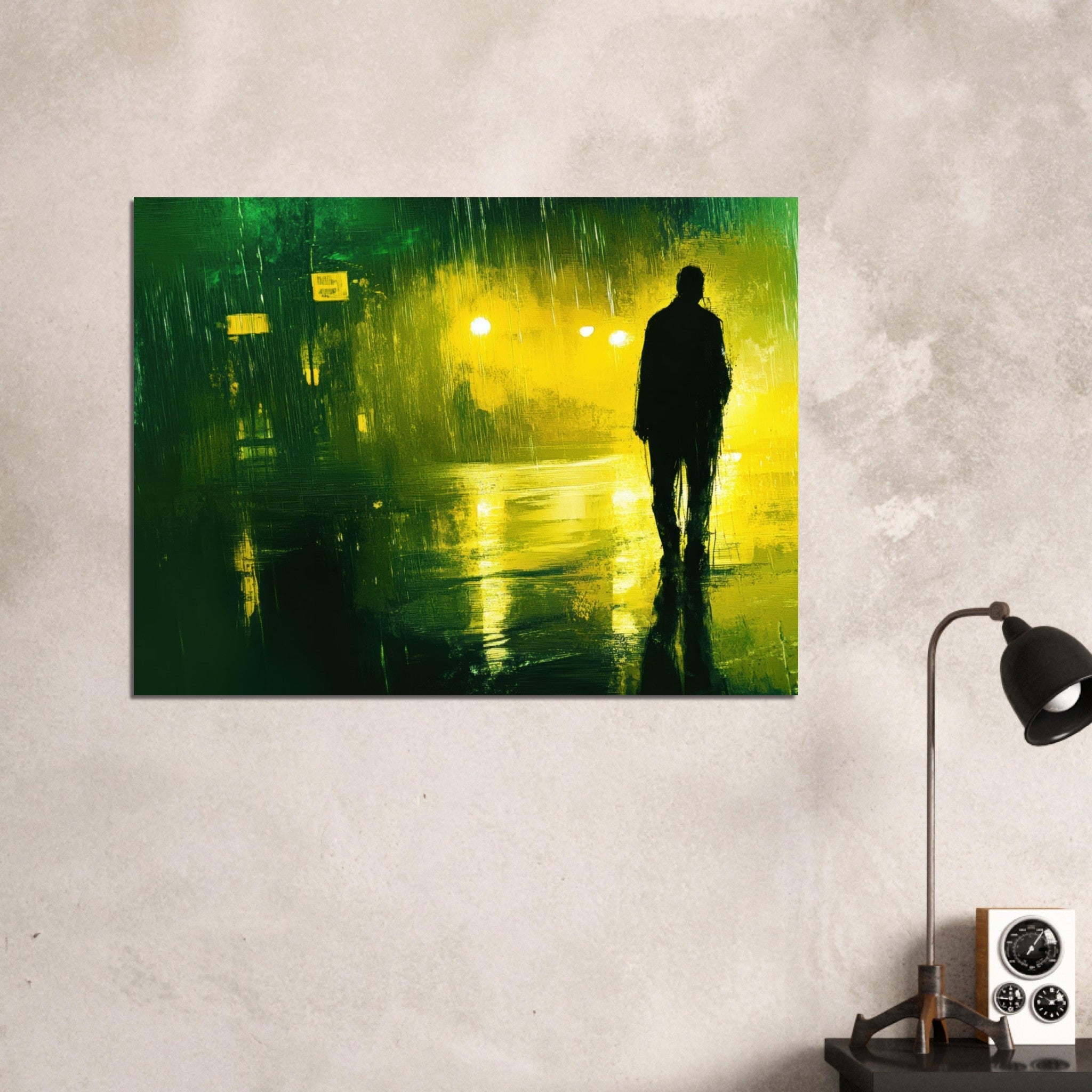 Fine Art Poster Landscape - A man walks alone in the pouring rain his figure 3 - Shop Ai Art WebShop - Digital Art online Store