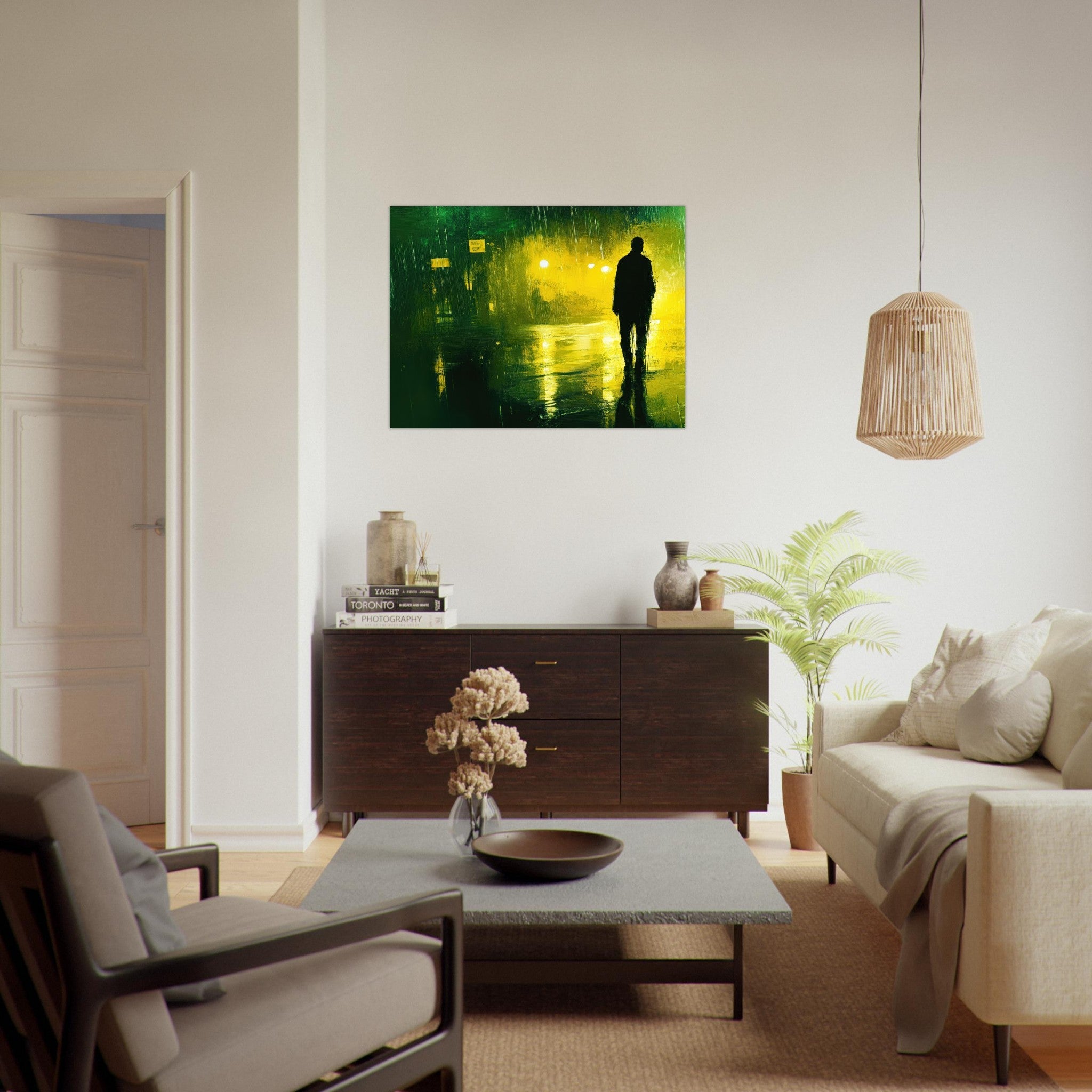 Fine Art Poster Landscape - A man walks alone in the pouring rain his figure 3 - Shop Ai Art WebShop - Digital Art online Store