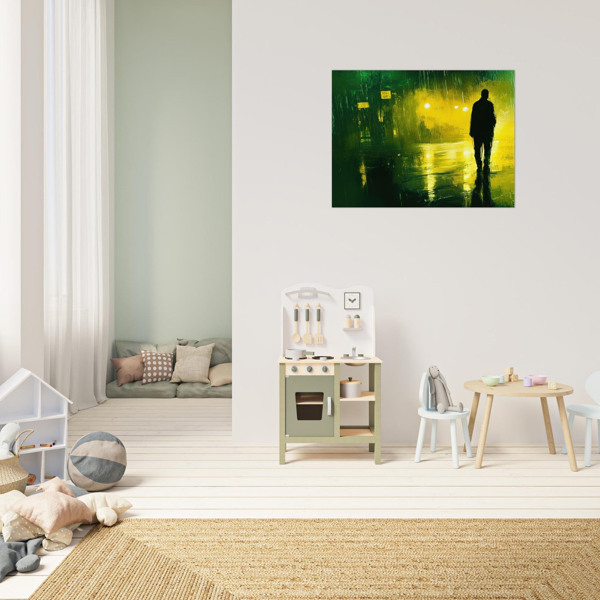 Fine Art Poster Landscape - A man walks alone in the pouring rain his figure 3 - Shop Ai Art WebShop - Digital Art online Store