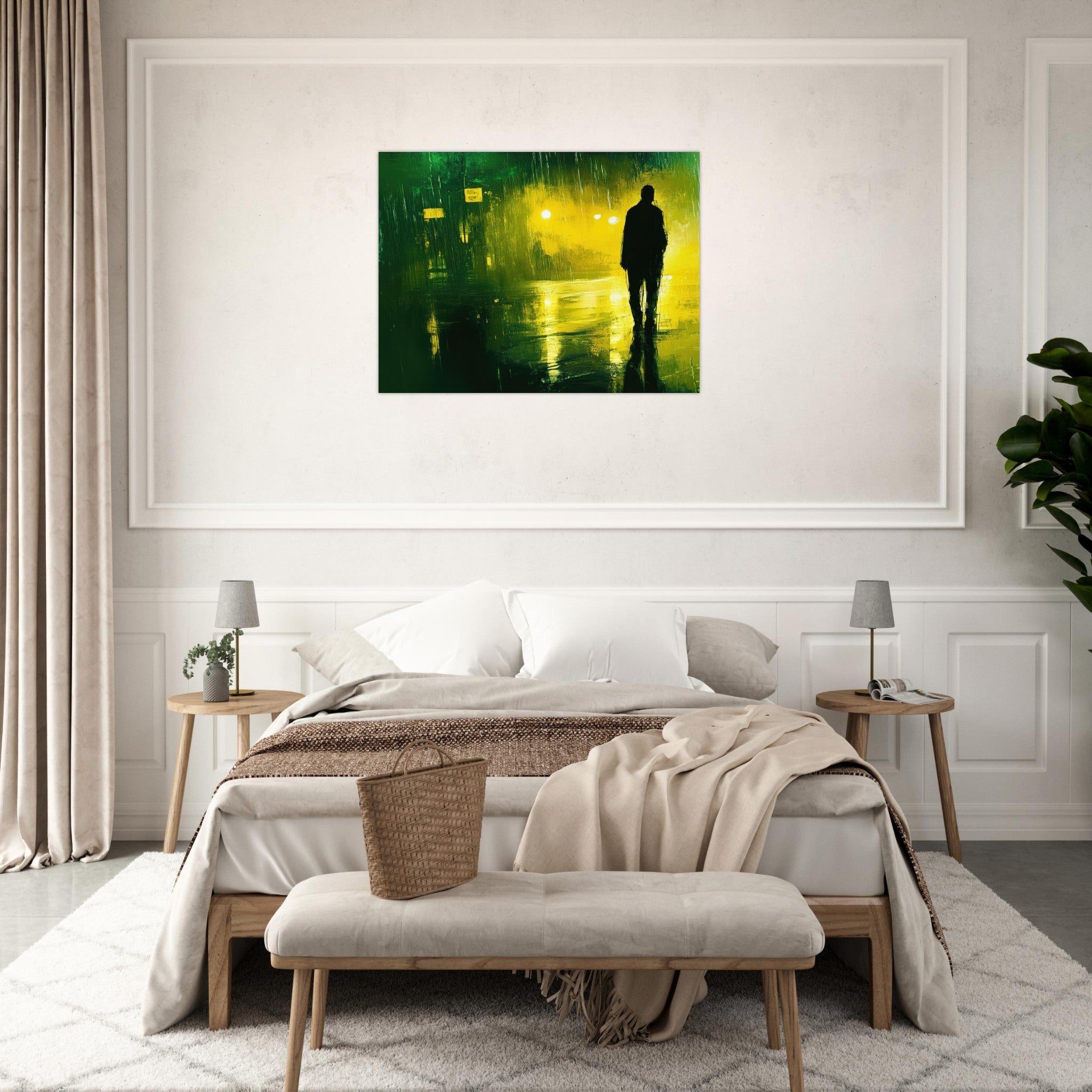 Fine Art Poster Landscape - A man walks alone in the pouring rain his figure 3 - Shop Ai Art WebShop - Digital Art online Store