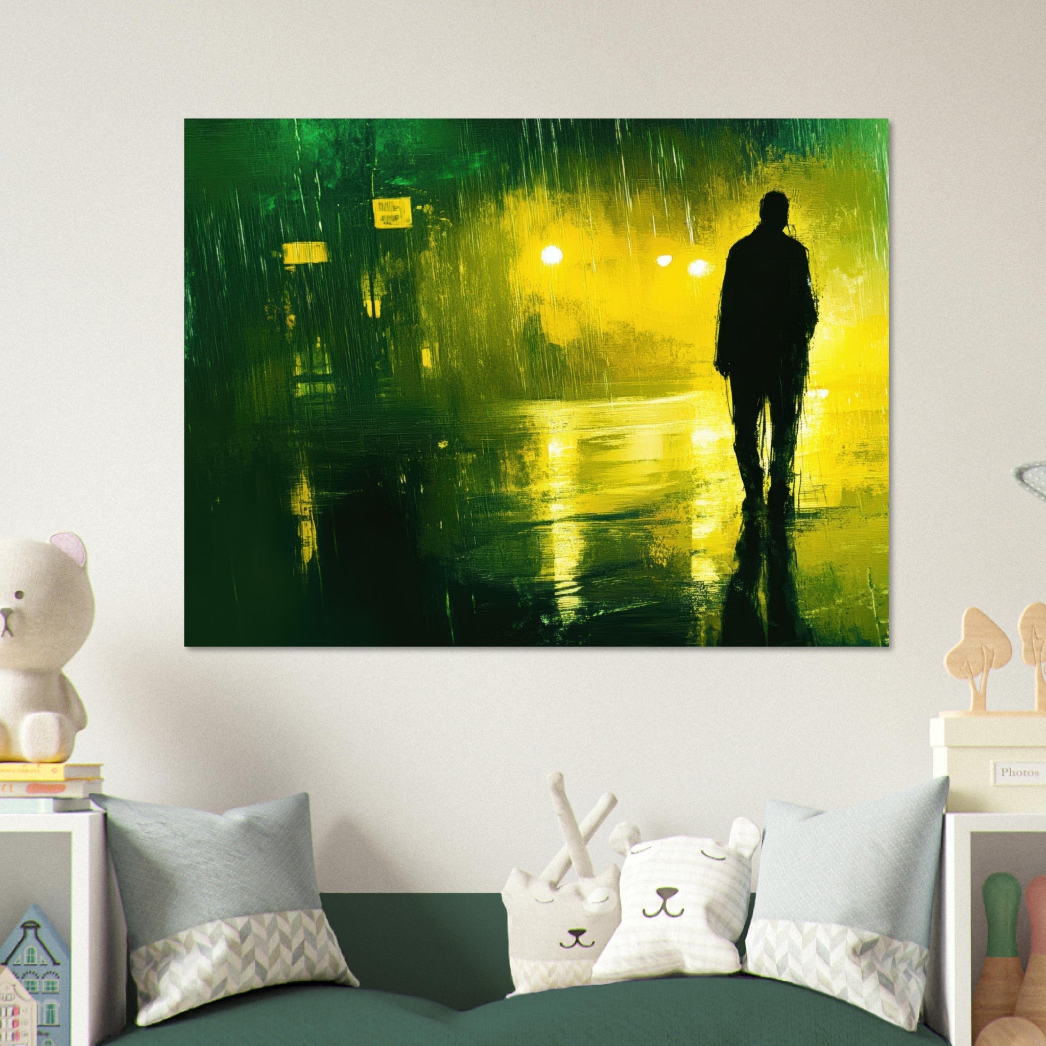 Fine Art Poster Landscape - A man walks alone in the pouring rain his figure 3 - Shop Ai Art WebShop - Digital Art online Store
