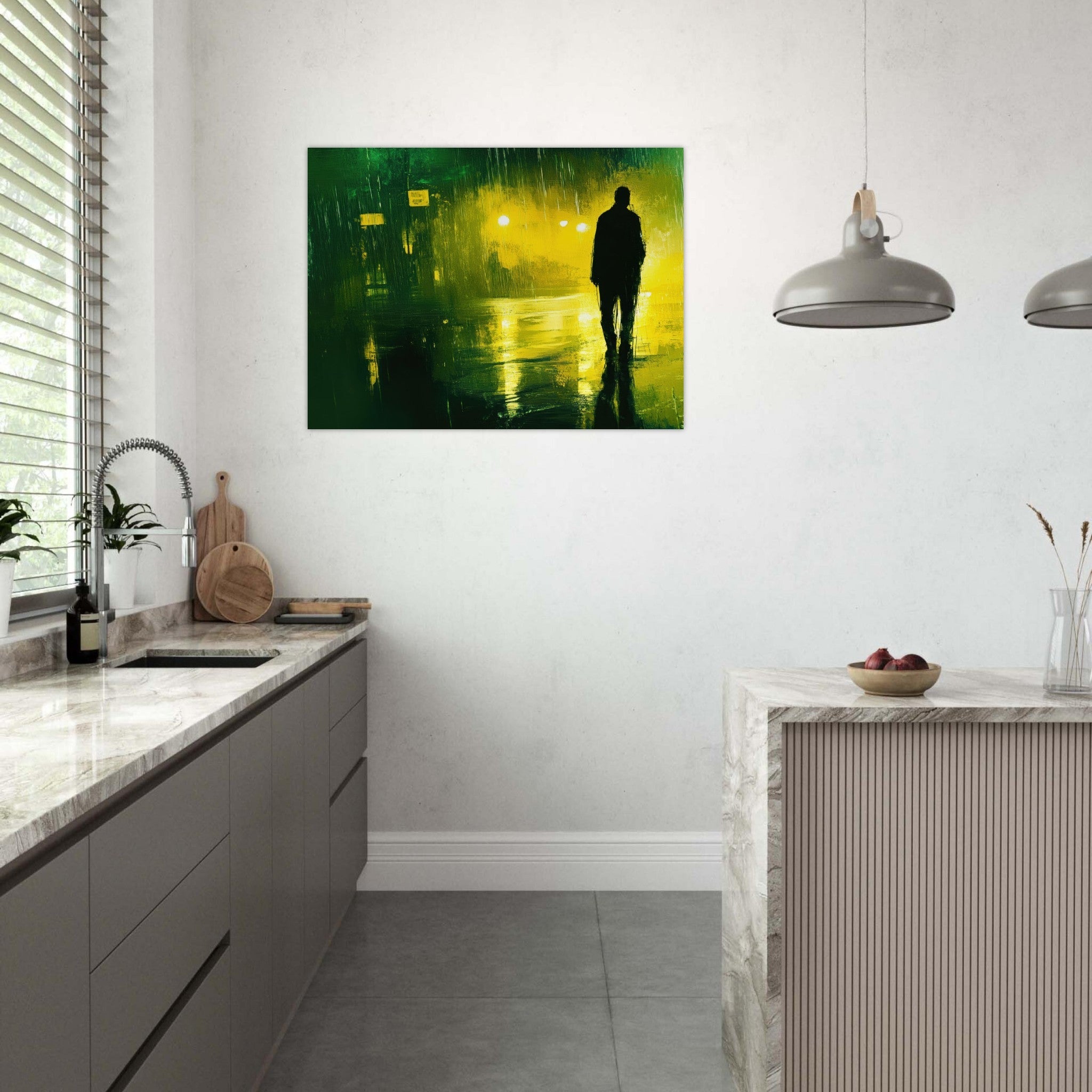 Fine Art Poster Landscape - A man walks alone in the pouring rain his figure 3 - Shop Ai Art WebShop - Digital Art online Store
