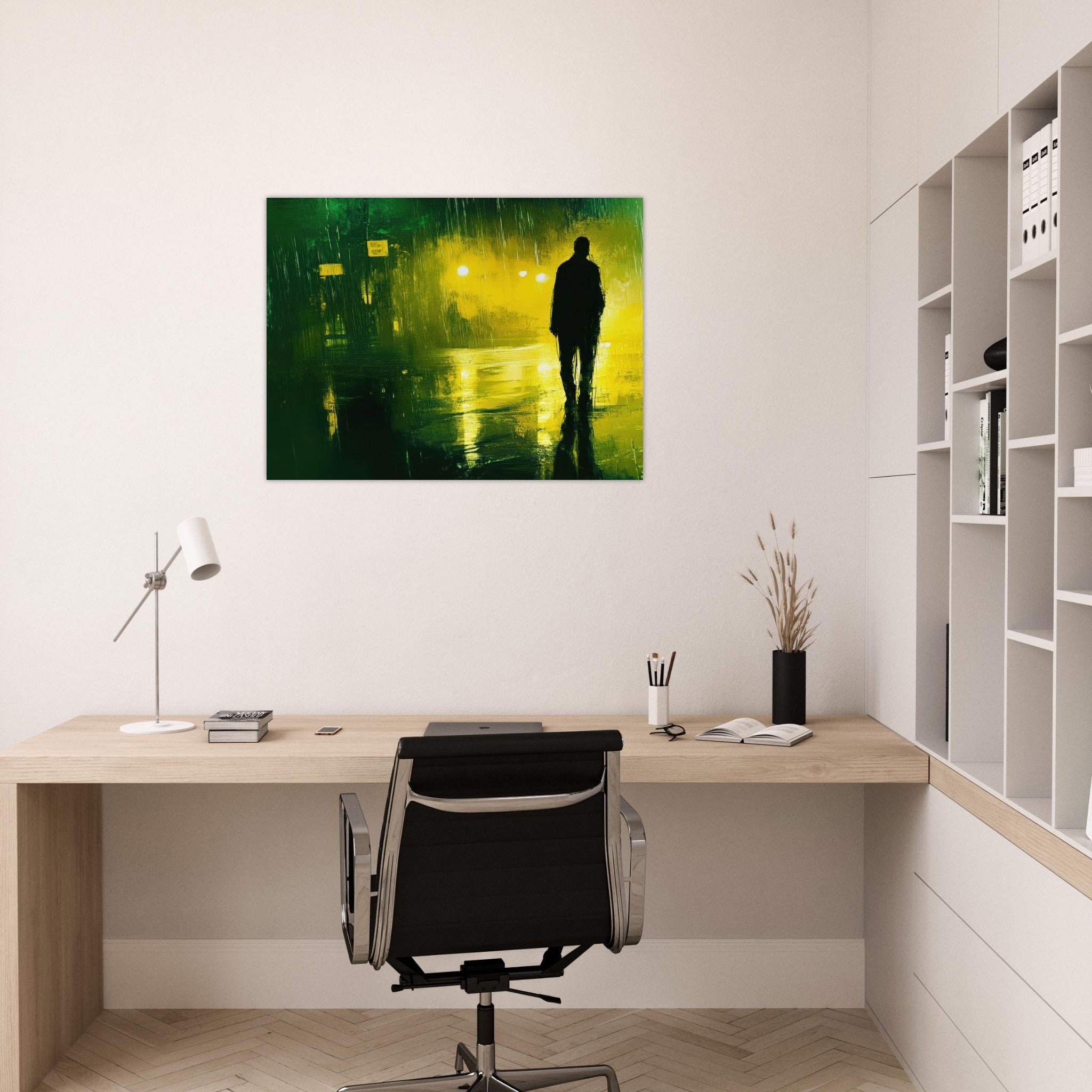 Fine Art Poster Landscape - A man walks alone in the pouring rain his figure 3 - Shop Ai Art WebShop - Digital Art online Store