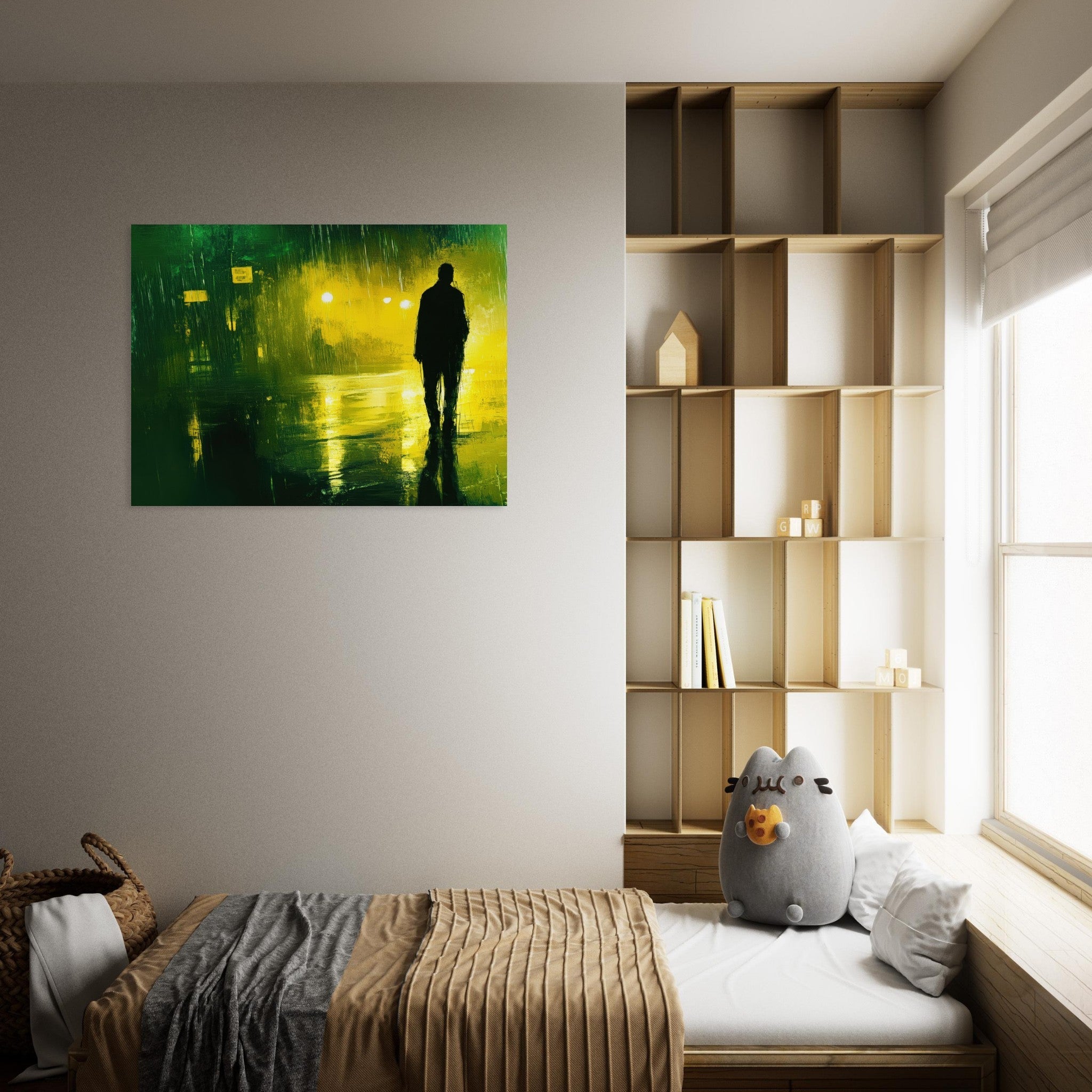 Fine Art Poster Landscape - A man walks alone in the pouring rain his figure 3 - Shop Ai Art WebShop - Digital Art online Store