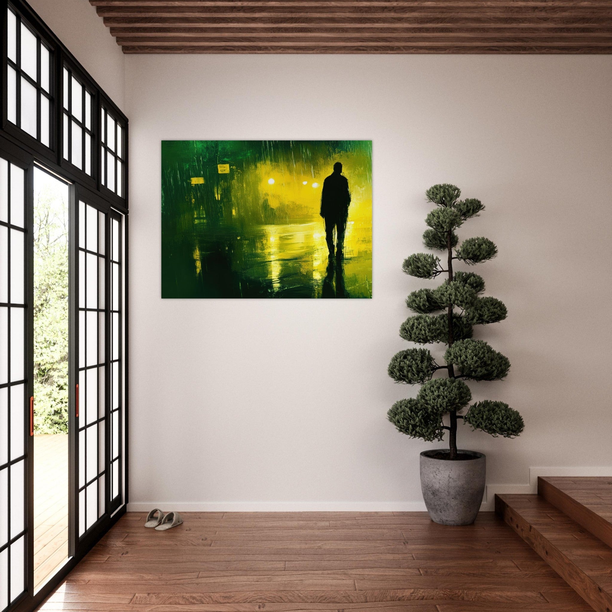 Fine Art Poster Landscape - A man walks alone in the pouring rain his figure 3 - Shop Ai Art WebShop - Digital Art online Store