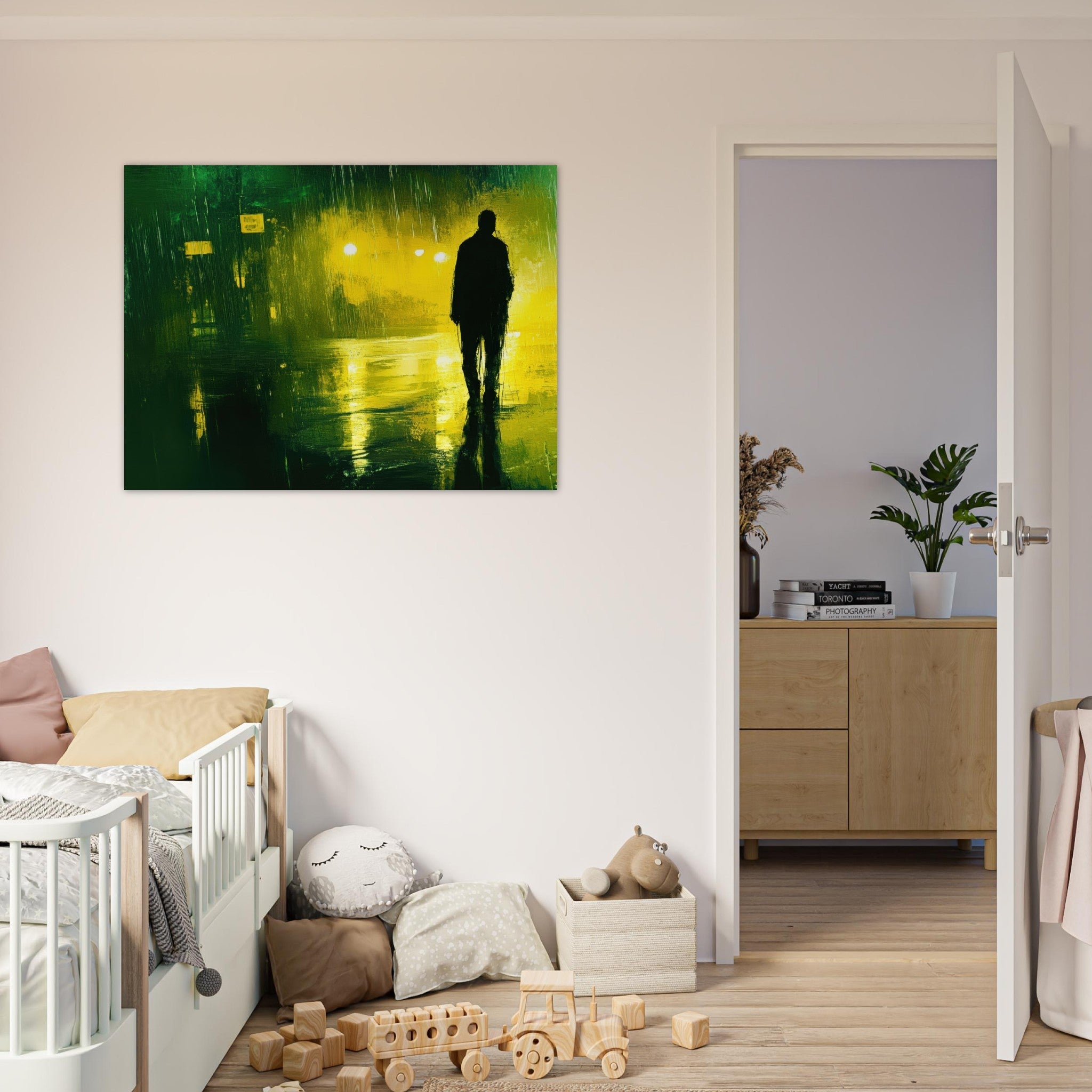 Fine Art Poster Landscape - A man walks alone in the pouring rain his figure 3 - Shop Ai Art WebShop - Digital Art online Store