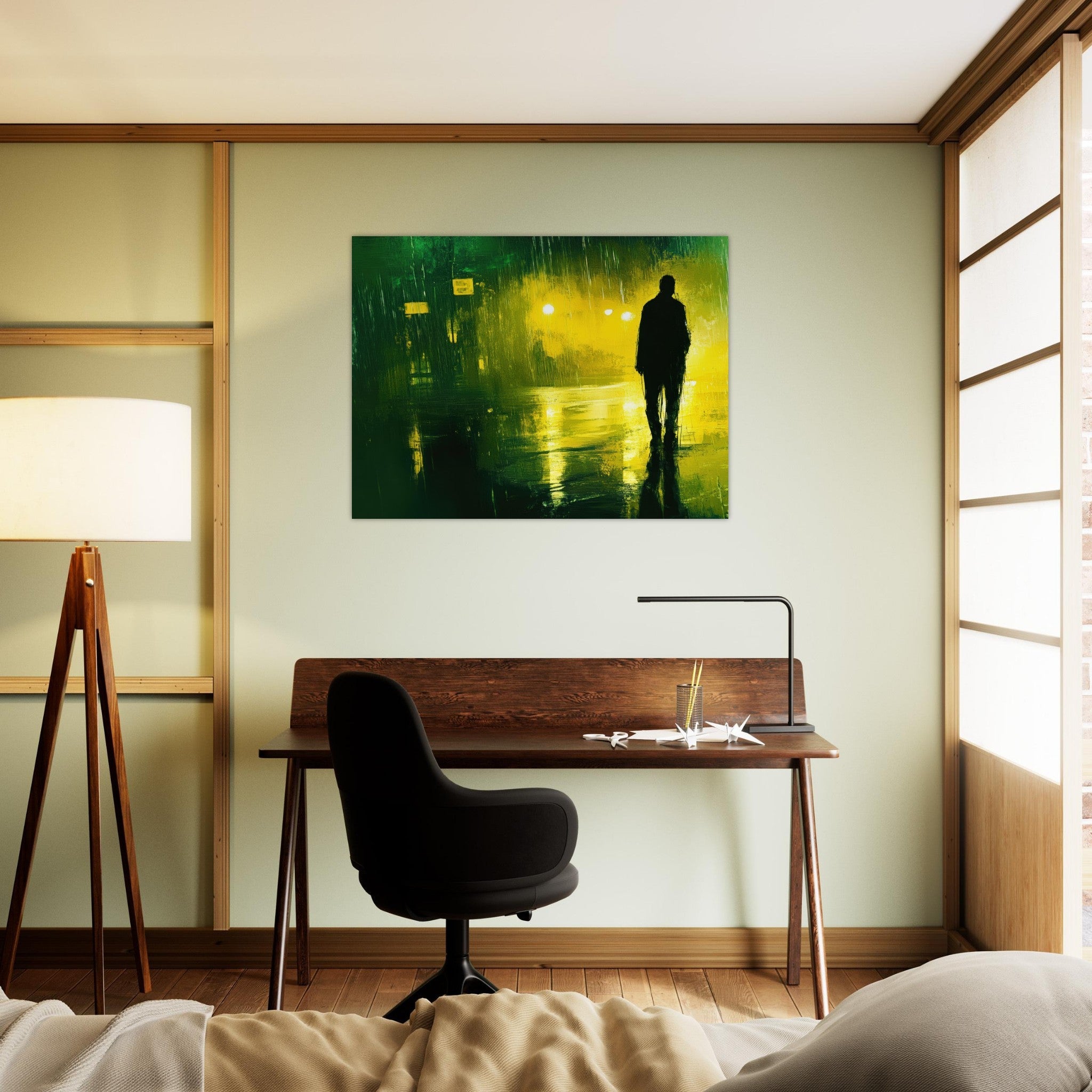 Fine Art Poster Landscape - A man walks alone in the pouring rain his figure 3 - Shop Ai Art WebShop - Digital Art online Store