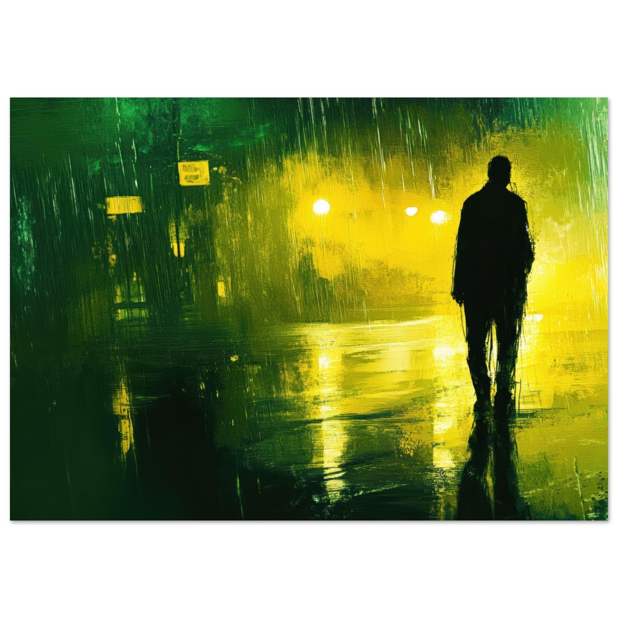 Fine Art Poster Landscape - A man walks alone in the pouring rain his figure 3 - Shop Ai Art WebShop - Digital Art online Store