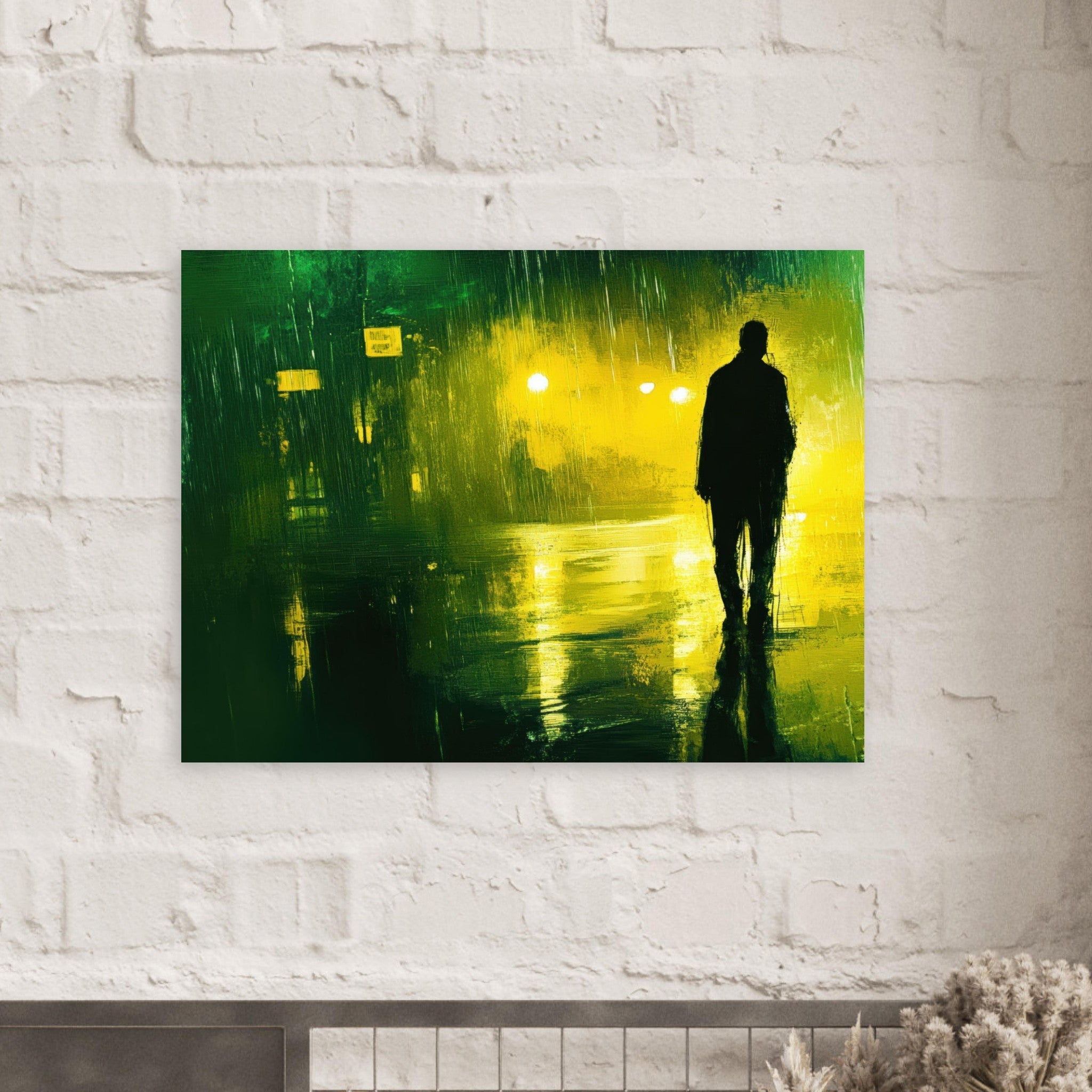 Fine Art Poster Landscape - A man walks alone in the pouring rain his figure 3 - Shop Ai Art WebShop - Digital Art online Store
