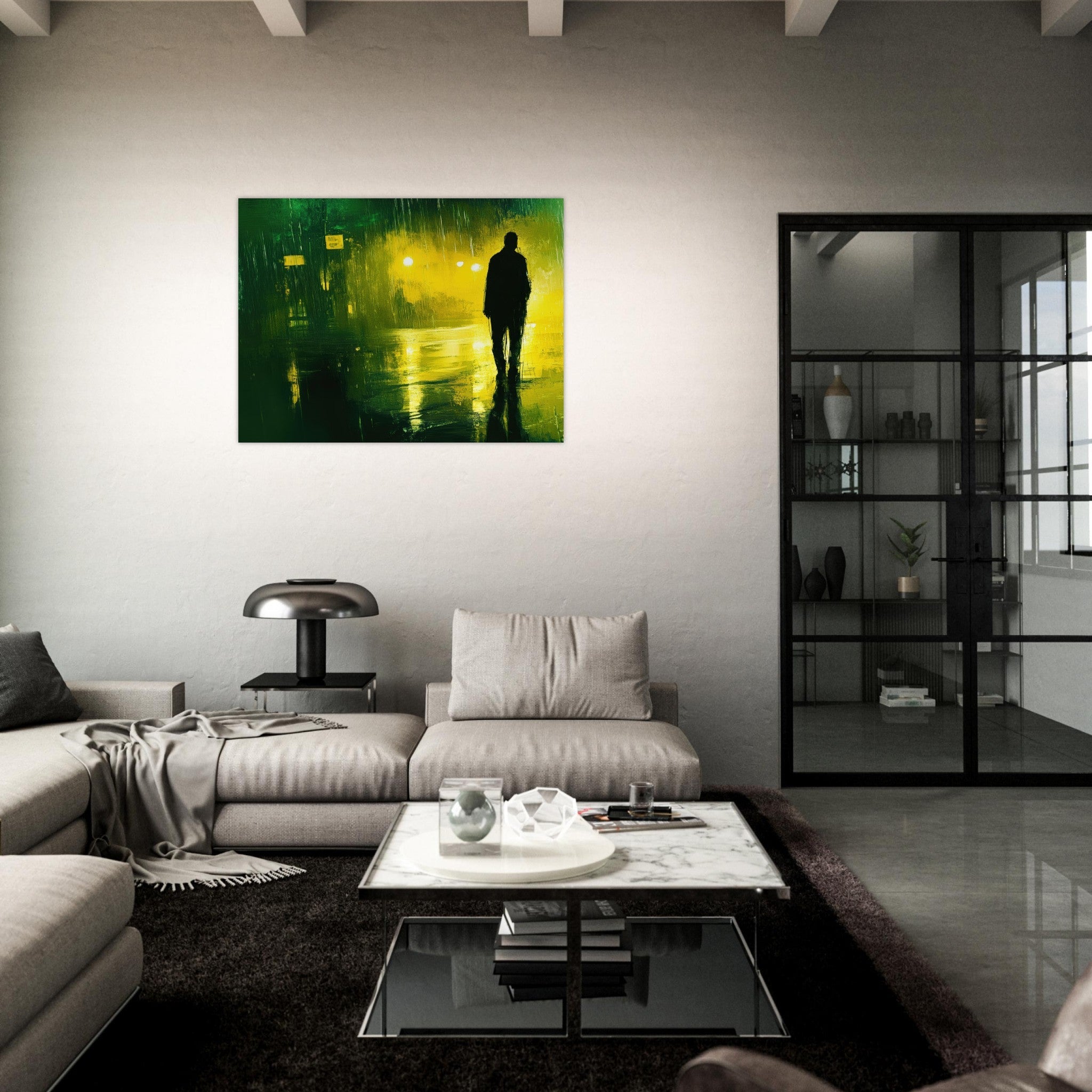 Fine Art Poster Landscape - A man walks alone in the pouring rain his figure 3 - Shop Ai Art WebShop - Digital Art online Store
