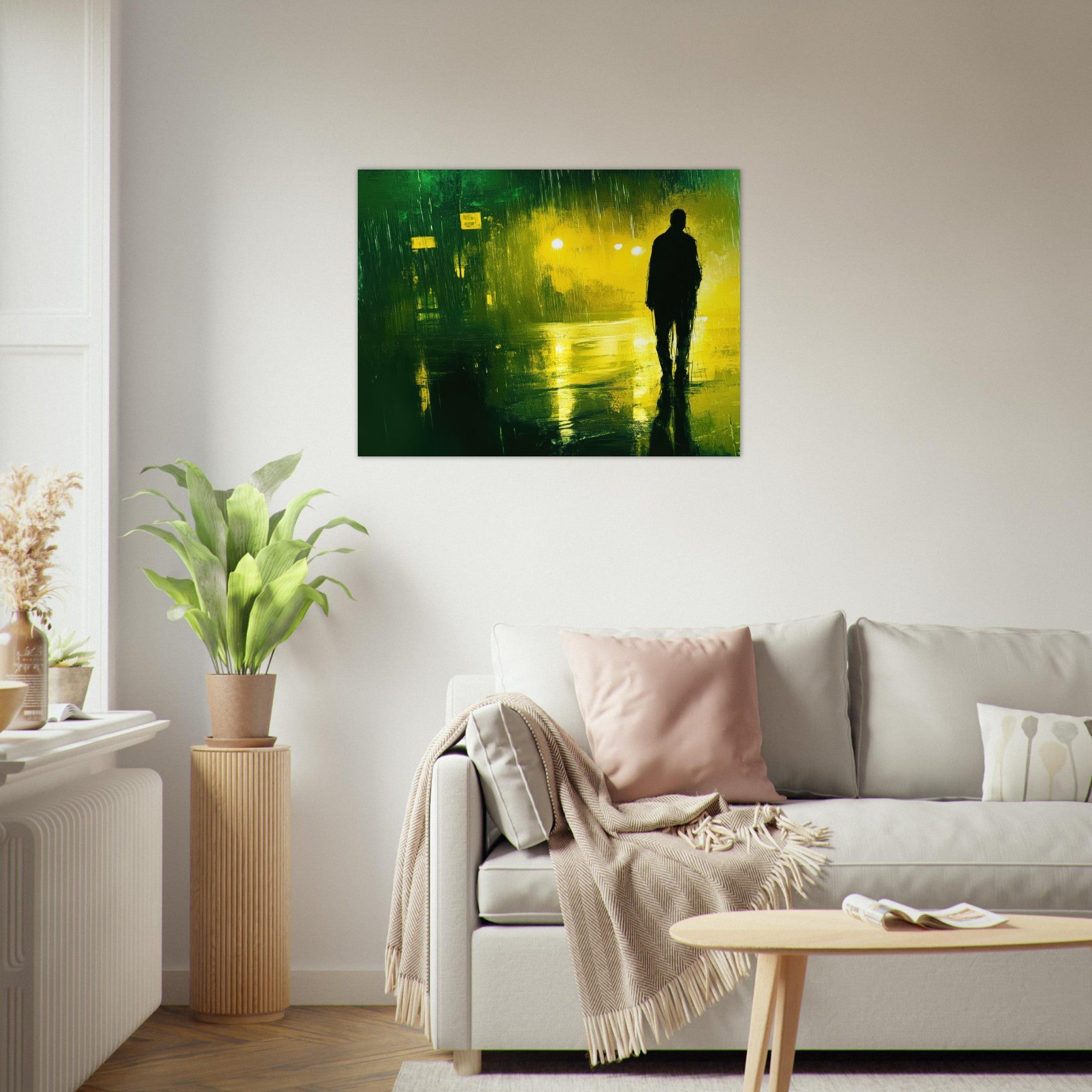 Fine Art Poster Landscape - A man walks alone in the pouring rain his figure 3 - Shop Ai Art WebShop - Digital Art online Store