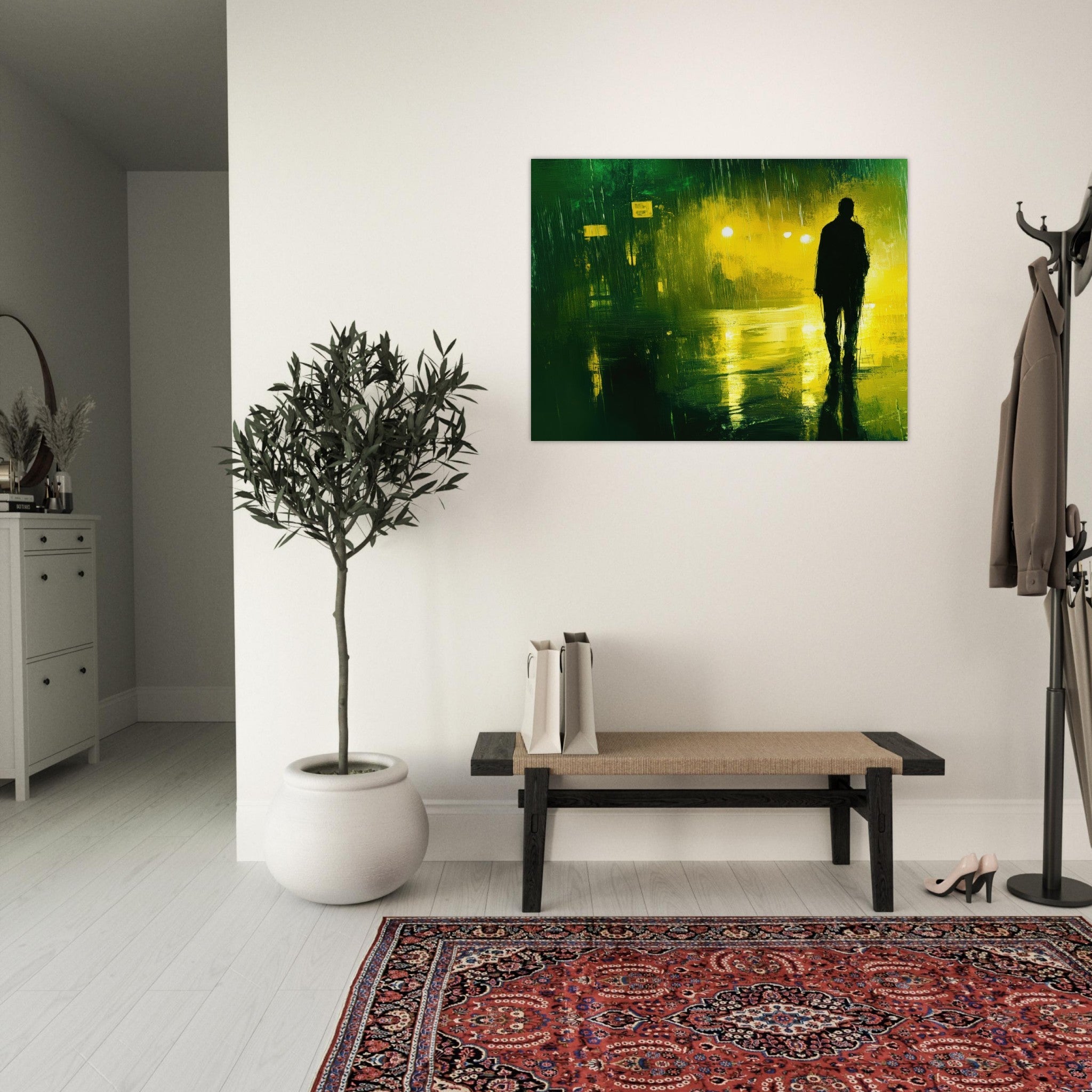 Fine Art Poster Landscape - A man walks alone in the pouring rain his figure 3 - Shop Ai Art WebShop - Digital Art online Store