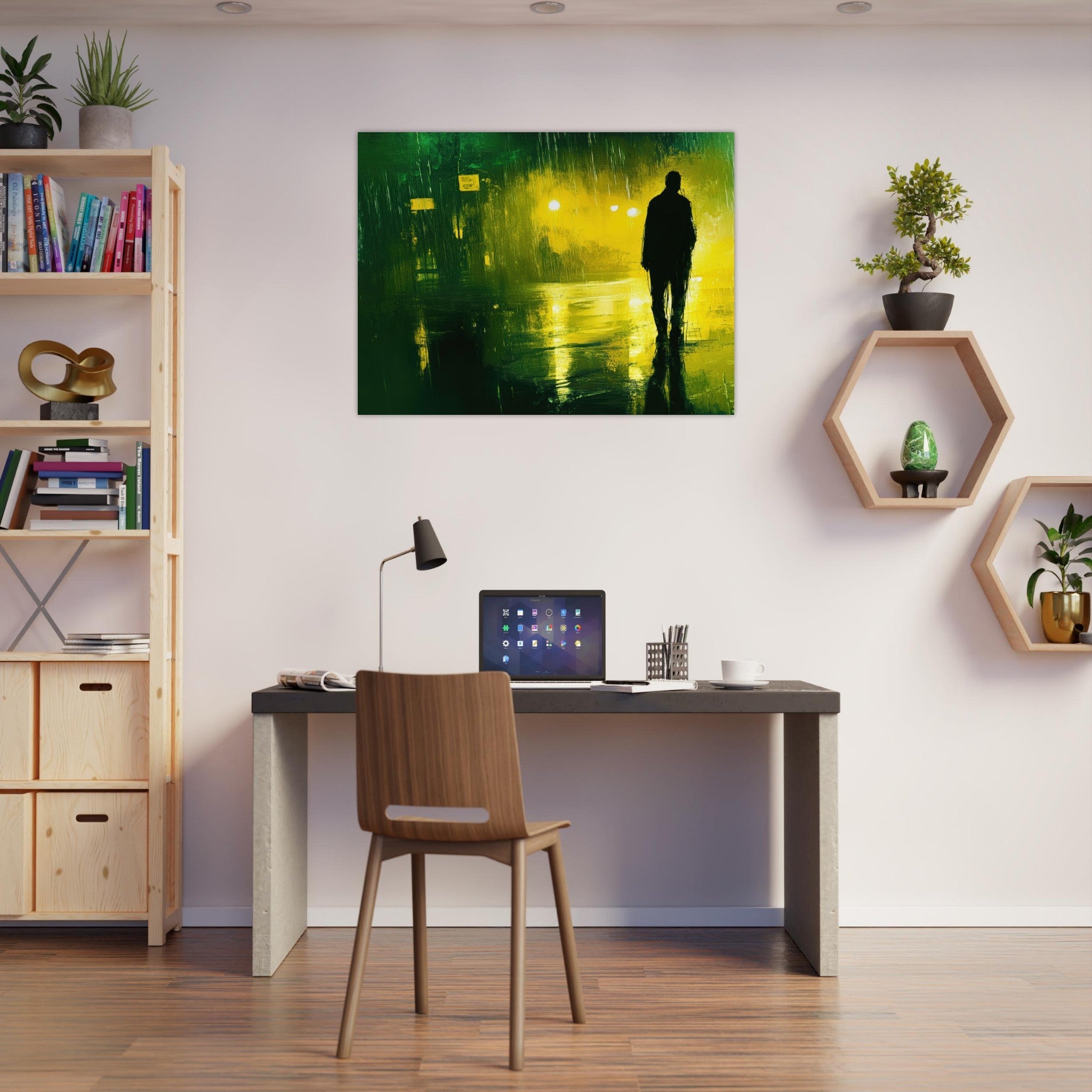 Fine Art Poster Landscape - A man walks alone in the pouring rain his figure 3 - Shop Ai Art WebShop - Digital Art online Store