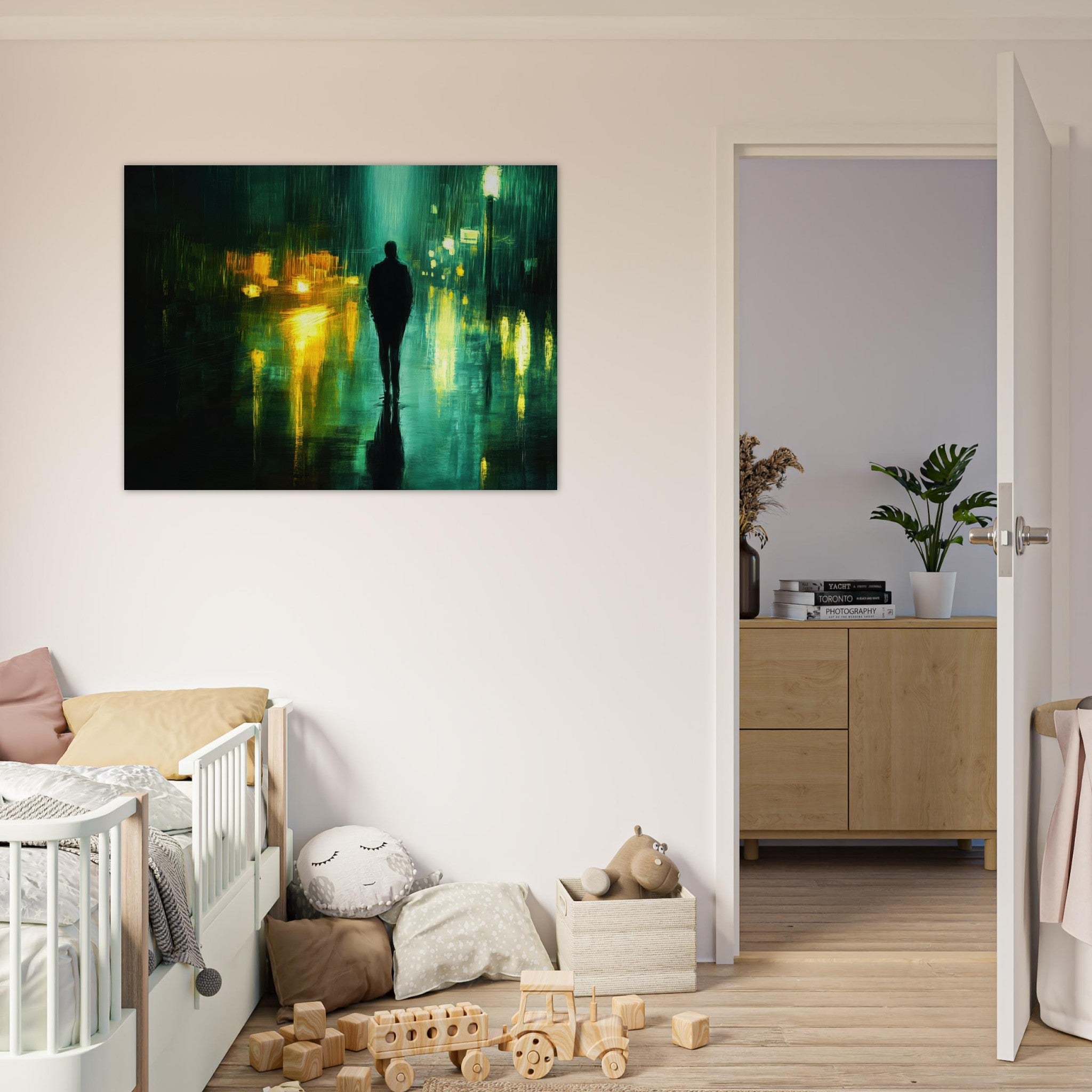 Fine Art Poster Landscape - A man walks alone in the pouring rain his figure - Shop Ai Art WebShop - Digital Art online Store