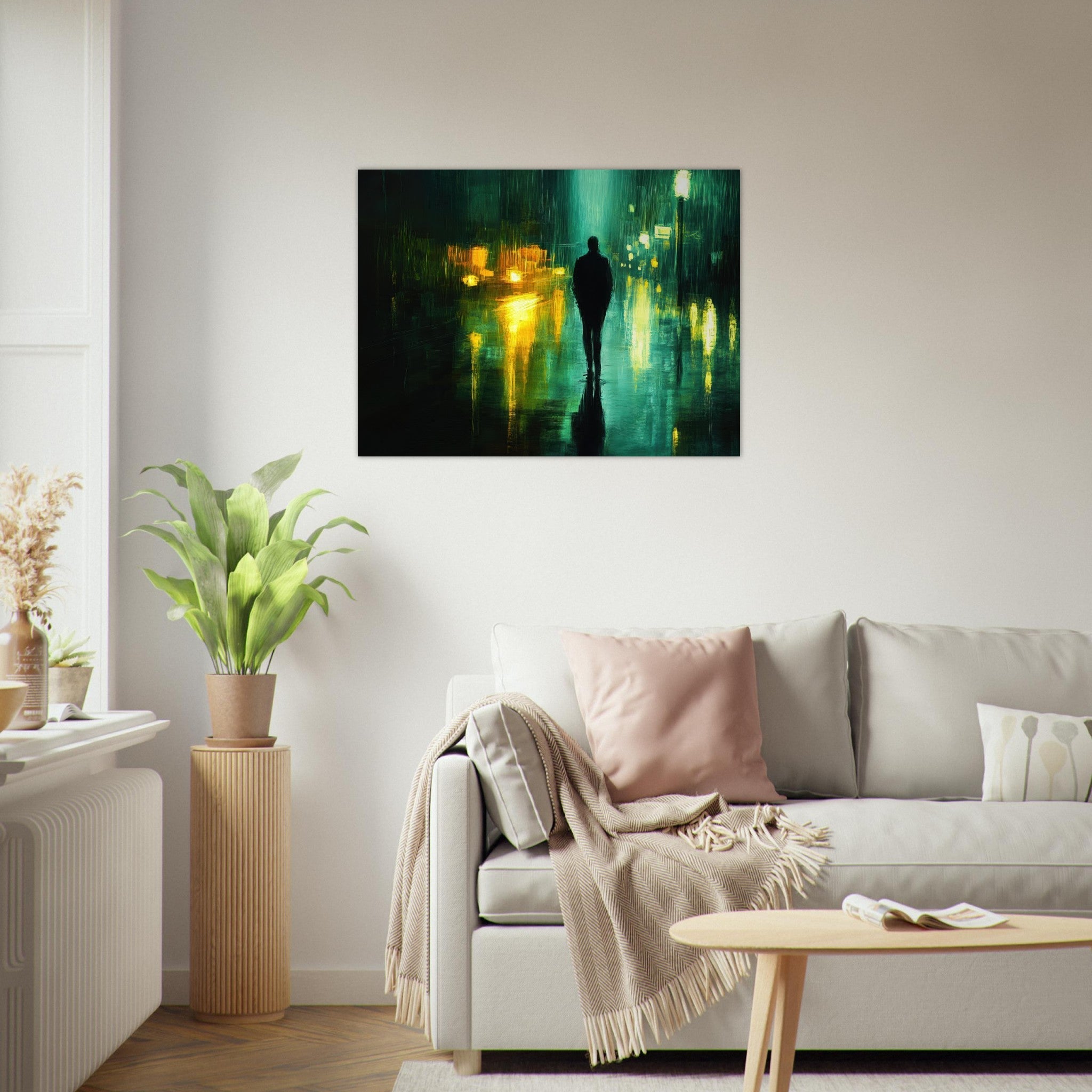 Fine Art Poster Landscape - A man walks alone in the pouring rain his figure - Shop Ai Art WebShop - Digital Art online Store