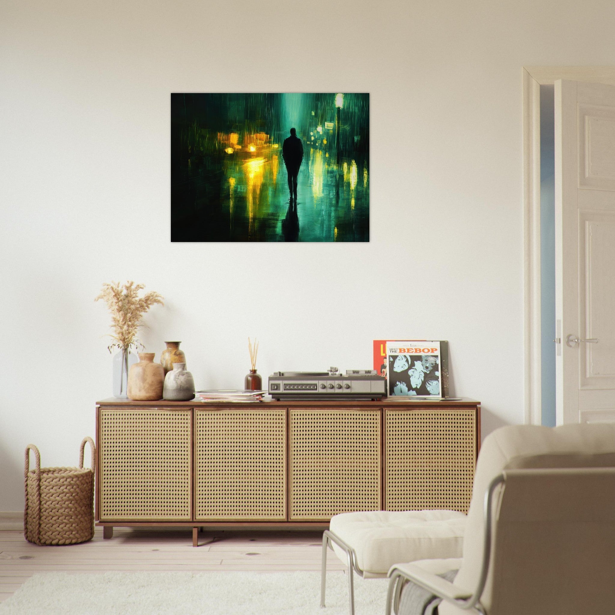 Fine Art Poster Landscape - A man walks alone in the pouring rain his figure - Shop Ai Art WebShop - Digital Art online Store