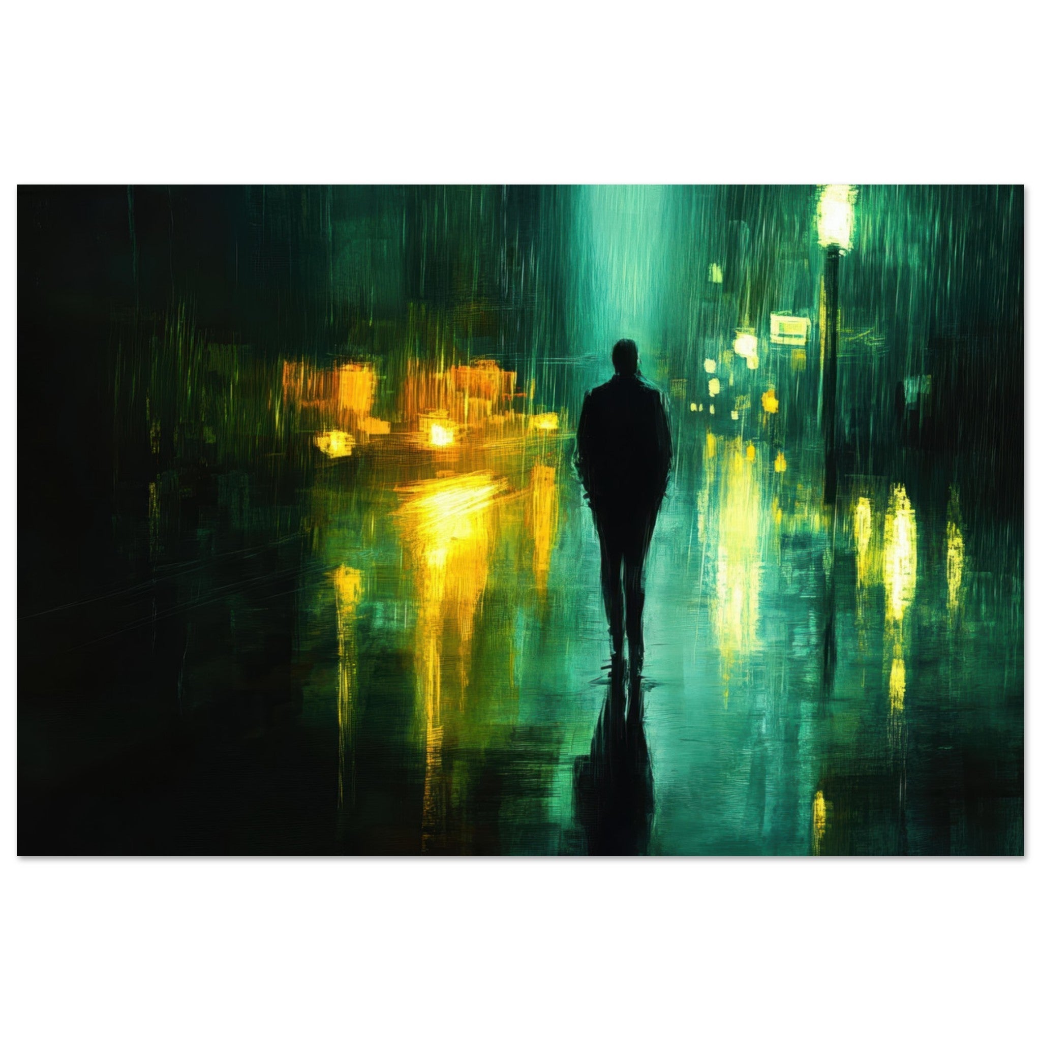 Fine Art Poster Landscape - A man walks alone in the pouring rain his figure - Shop Ai Art WebShop - Digital Art online Store