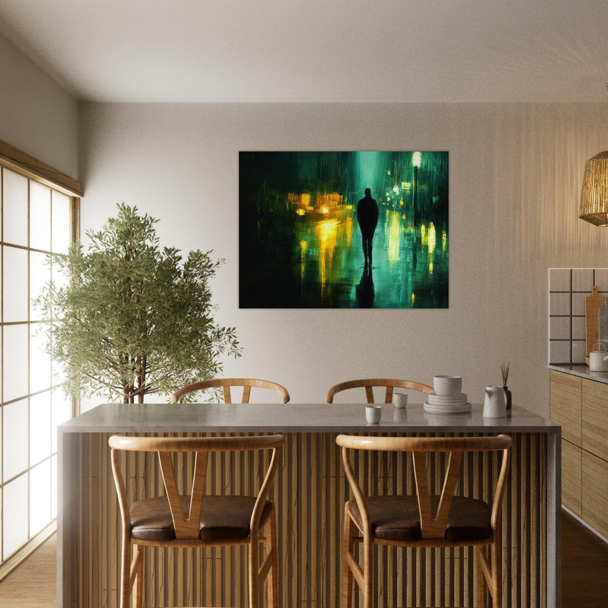 Fine Art Poster Landscape - A man walks alone in the pouring rain his figure - Shop Ai Art WebShop - Digital Art online Store