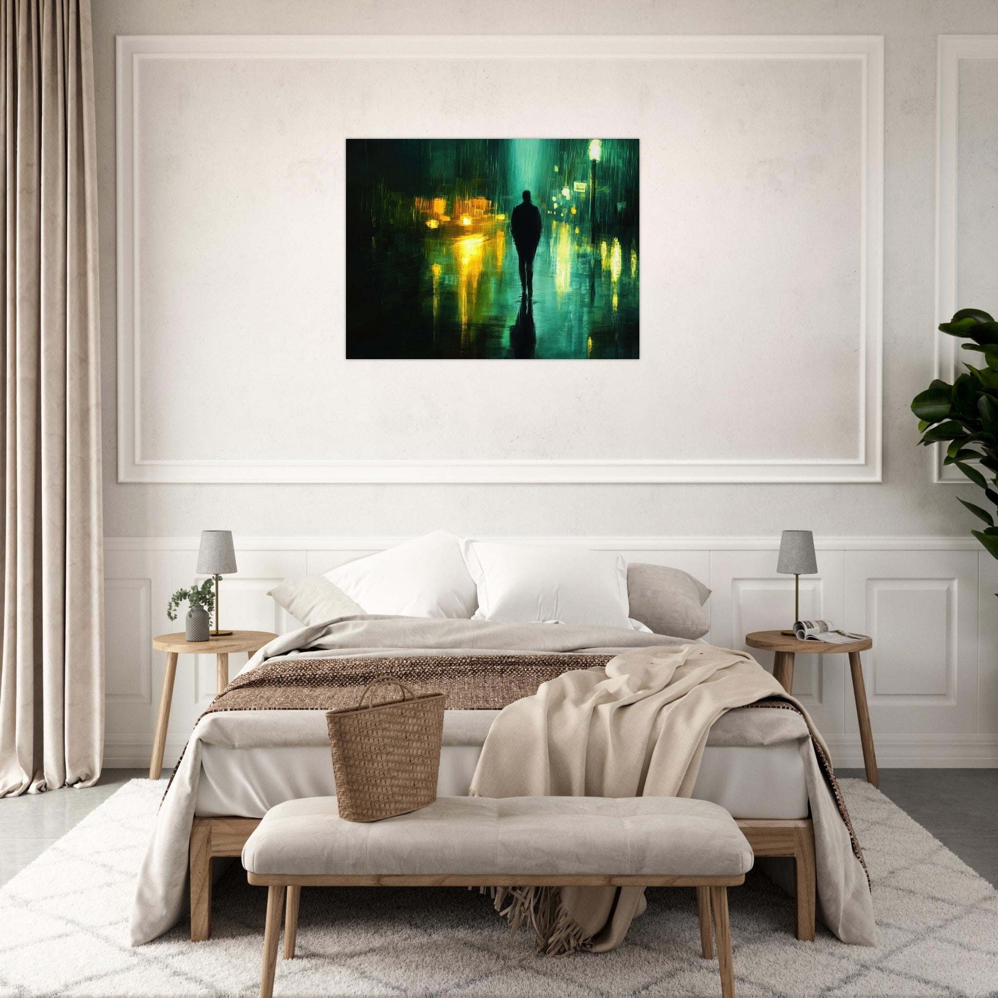 Fine Art Poster Landscape - A man walks alone in the pouring rain his figure - Shop Ai Art WebShop - Digital Art online Store