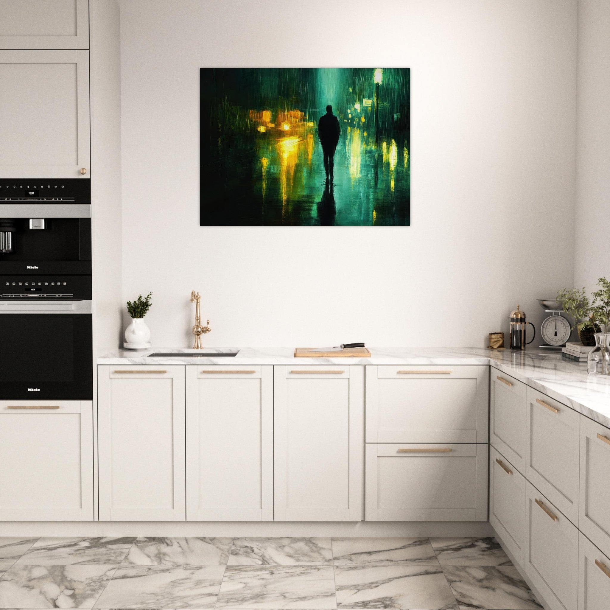 Fine Art Poster Landscape - A man walks alone in the pouring rain his figure - Shop Ai Art WebShop - Digital Art online Store