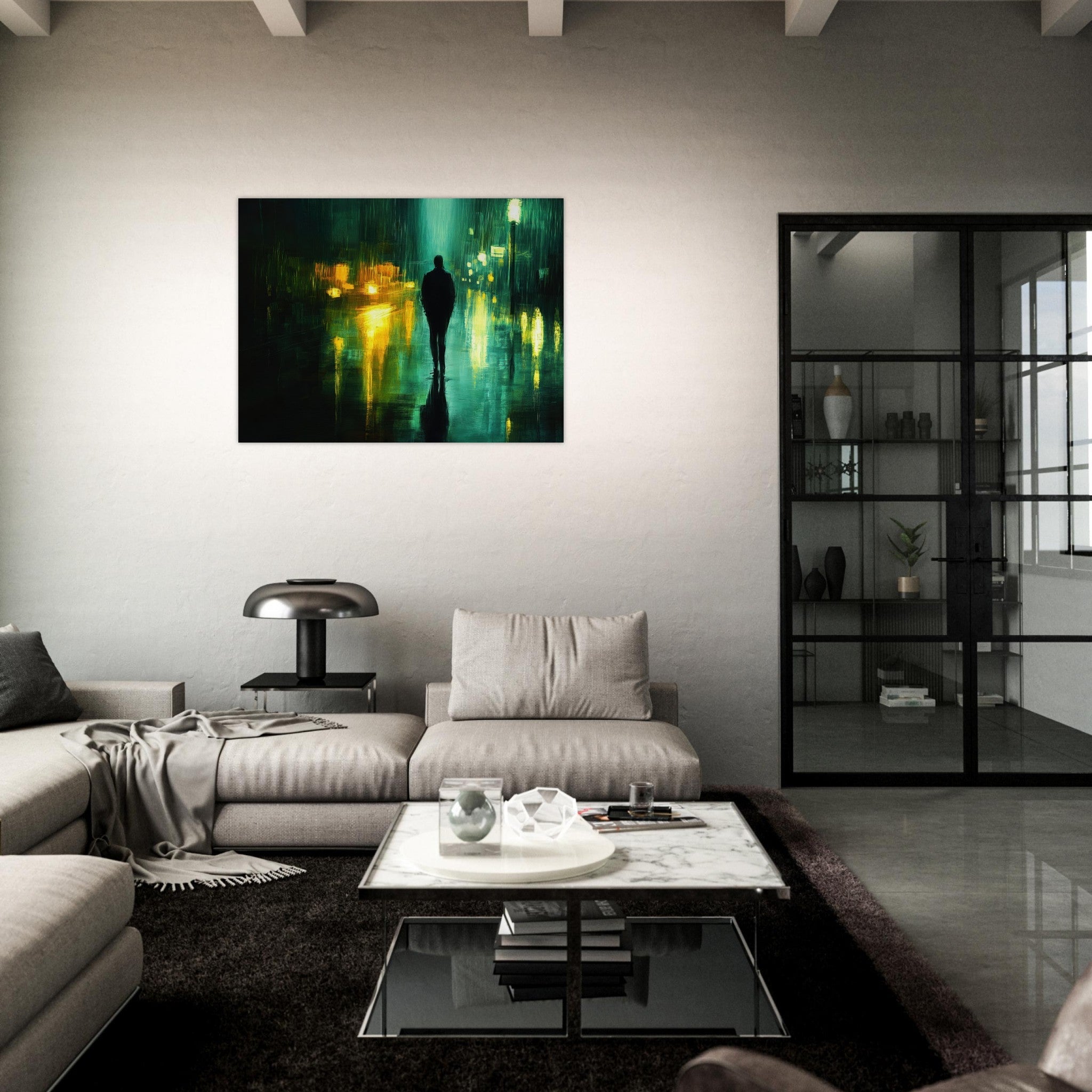 Fine Art Poster Landscape - A man walks alone in the pouring rain his figure - Shop Ai Art WebShop - Digital Art online Store