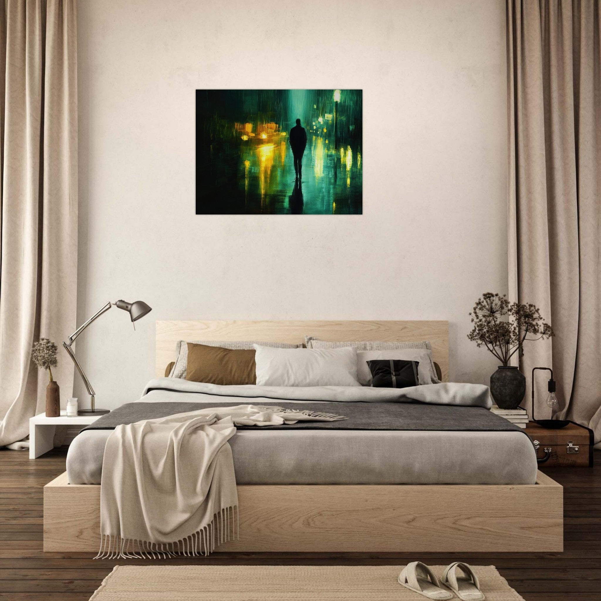 Fine Art Poster Landscape - A man walks alone in the pouring rain his figure - Shop Ai Art WebShop - Digital Art online Store