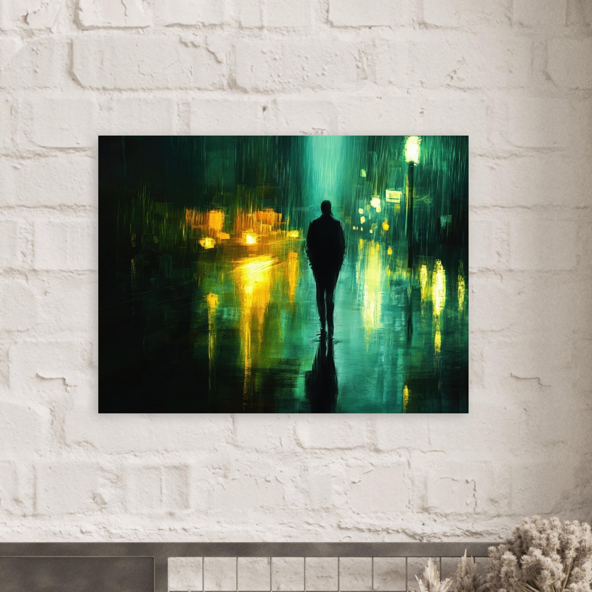 Fine Art Poster Landscape - A man walks alone in the pouring rain his figure - Shop Ai Art WebShop - Digital Art online Store