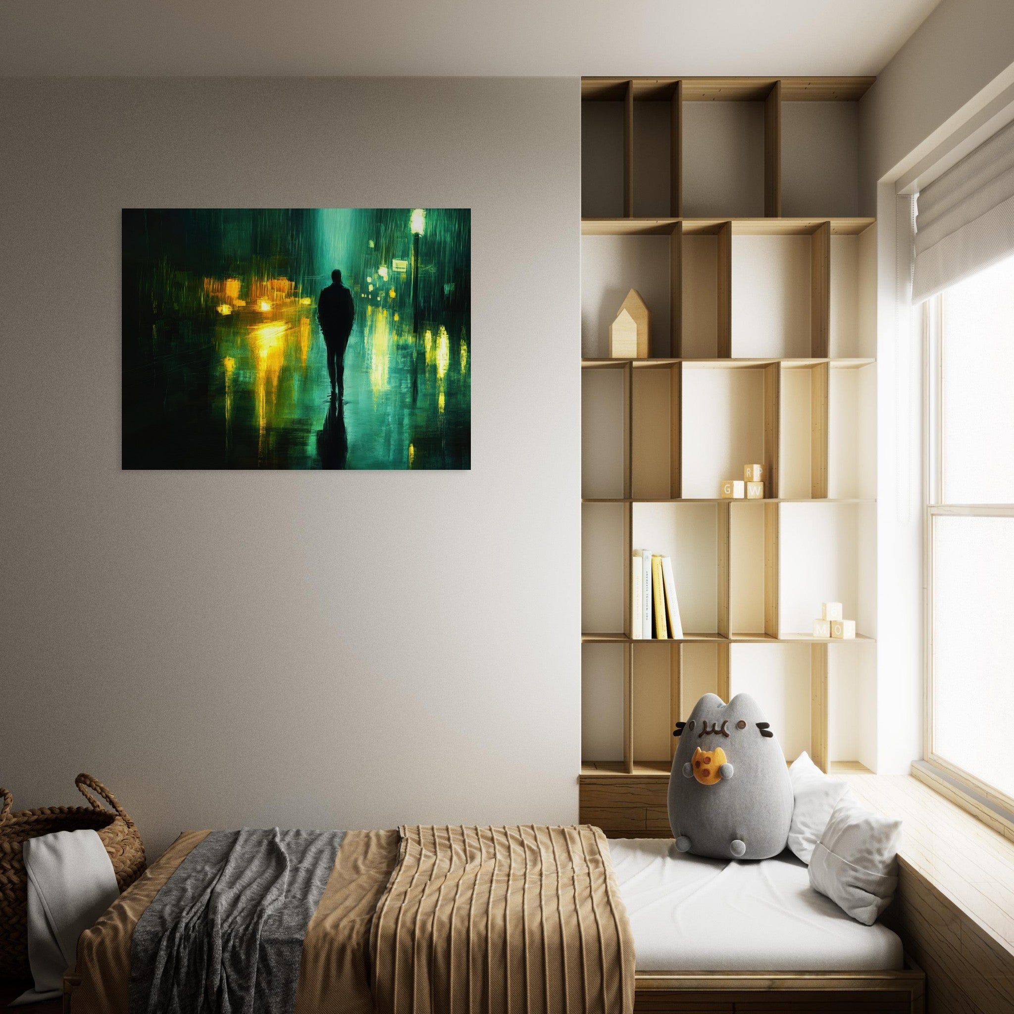 Fine Art Poster Landscape - A man walks alone in the pouring rain his figure - Shop Ai Art WebShop - Digital Art online Store
