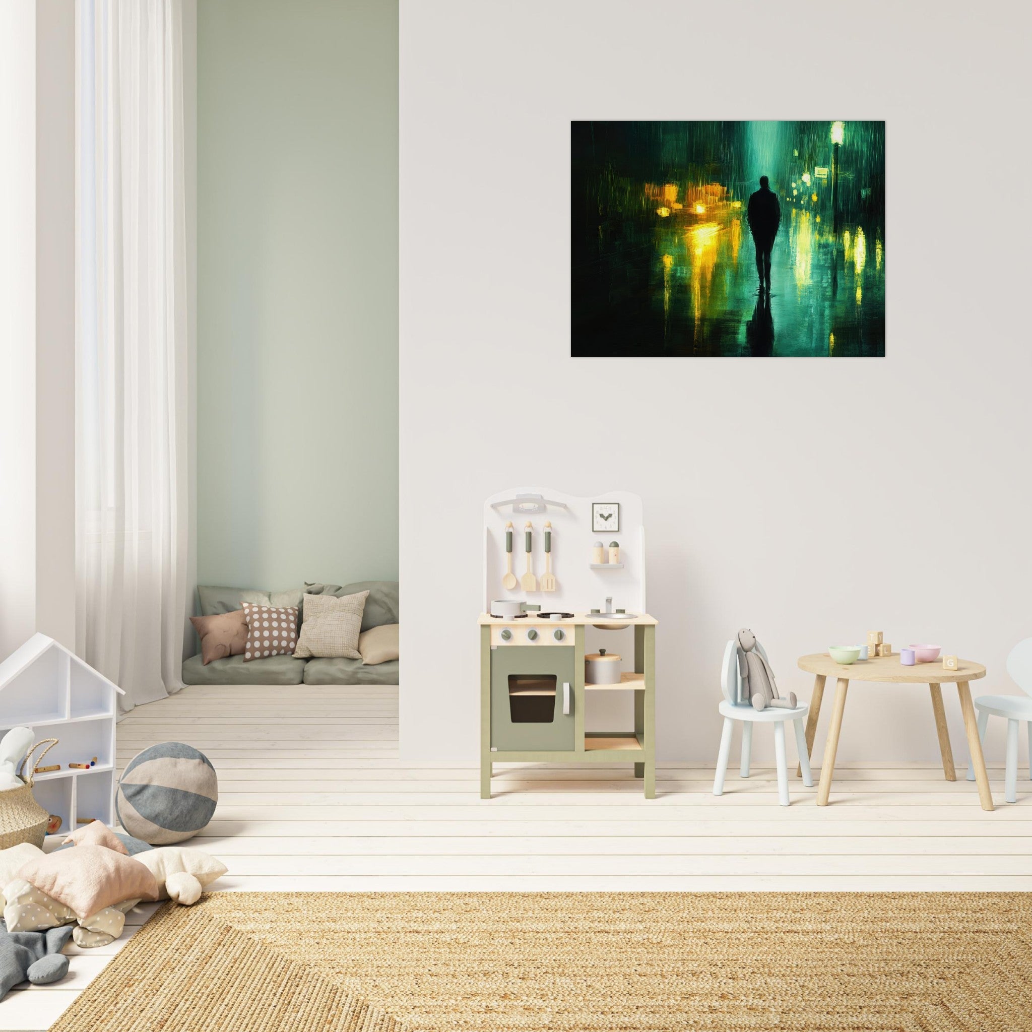 Fine Art Poster Landscape - A man walks alone in the pouring rain his figure - Shop Ai Art WebShop - Digital Art online Store