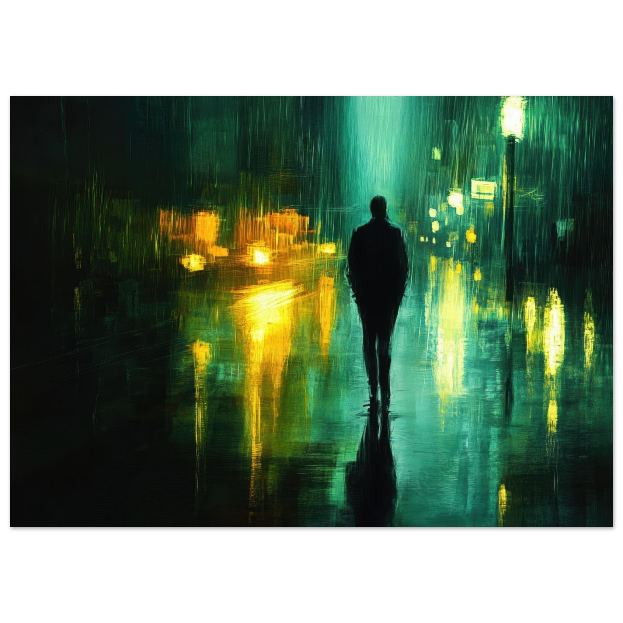 Fine Art Poster Landscape - A man walks alone in the pouring rain his figure - Shop Ai Art WebShop - Digital Art online Store