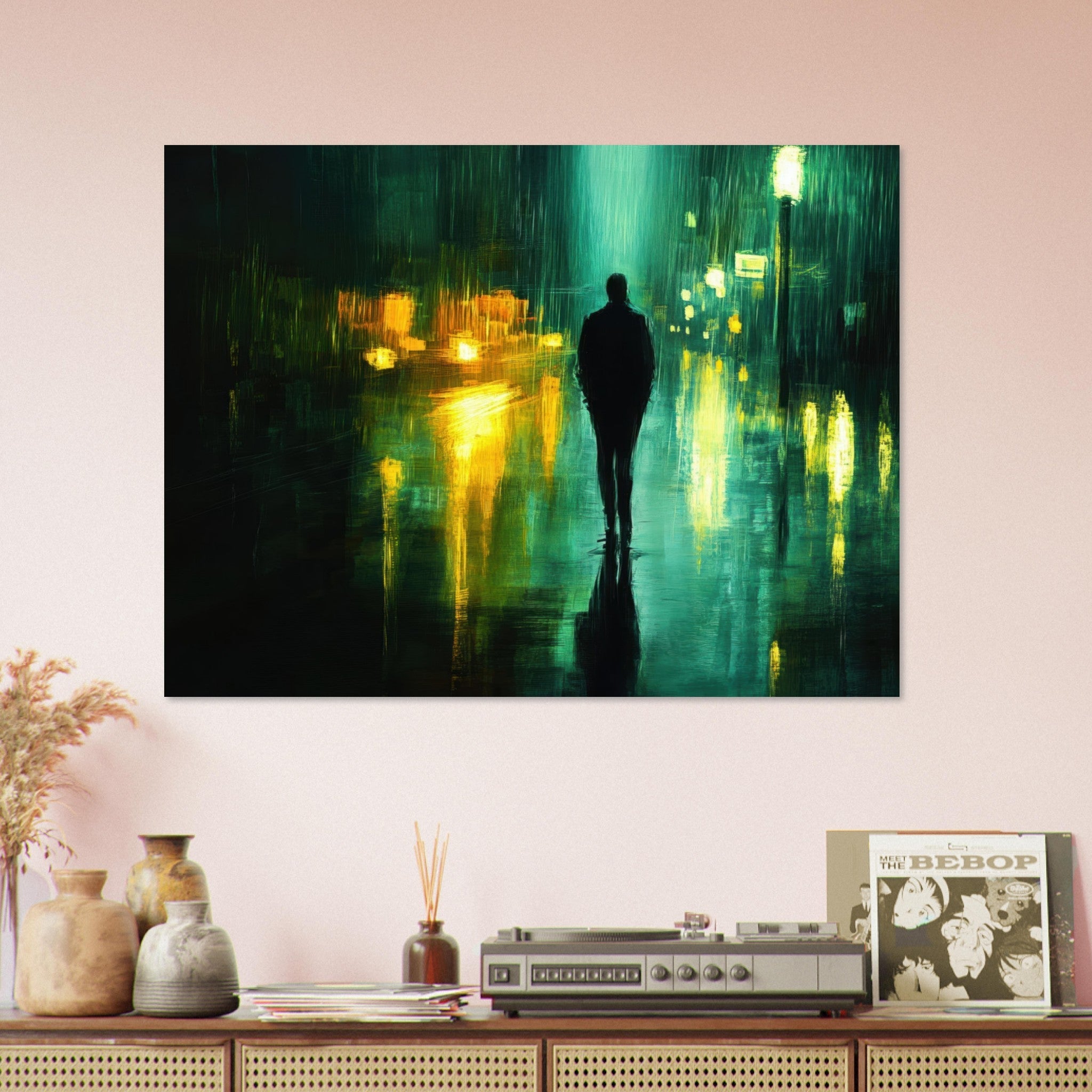 Fine Art Poster Landscape - A man walks alone in the pouring rain his figure - Shop Ai Art WebShop - Digital Art online Store
