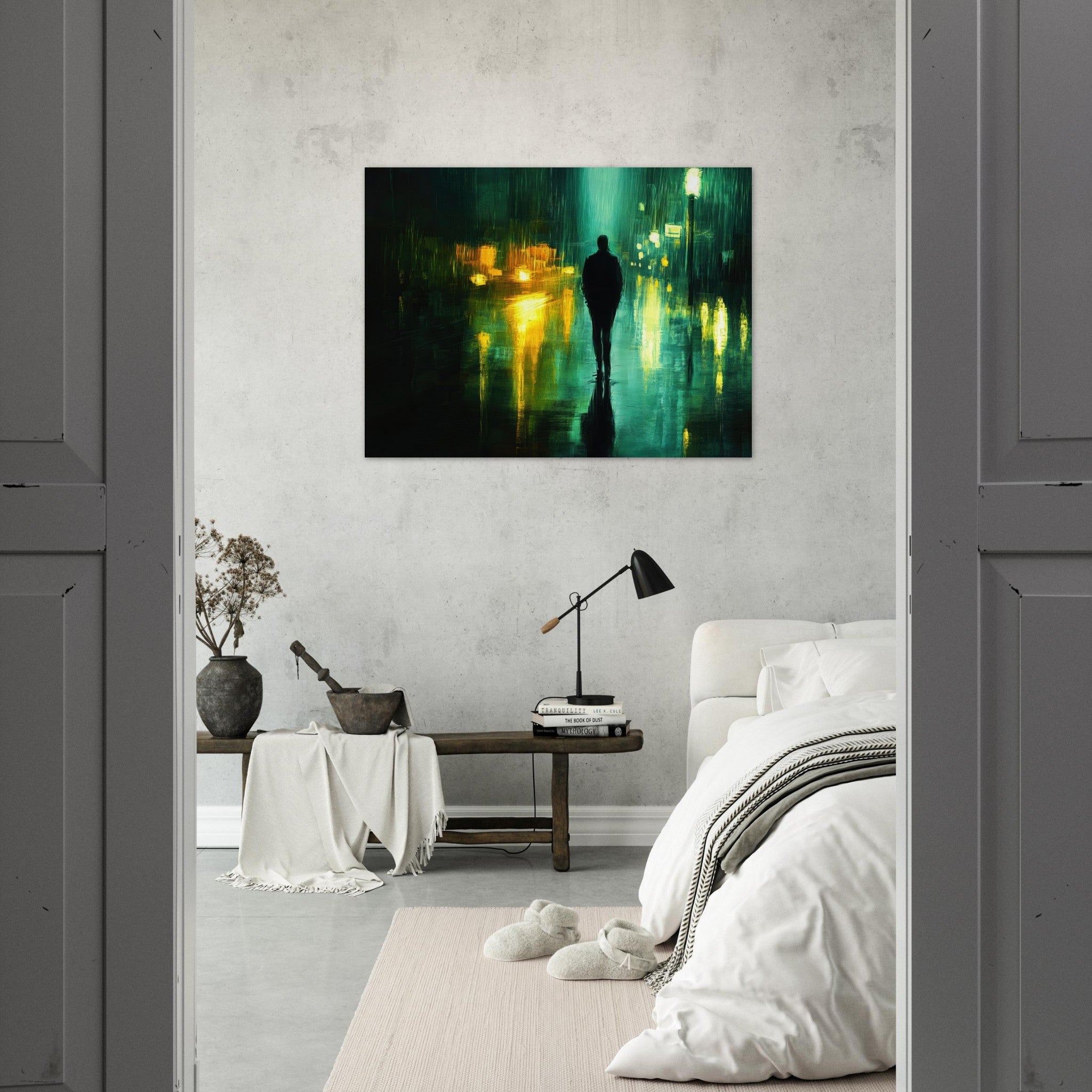 Fine Art Poster Landscape - A man walks alone in the pouring rain his figure - Shop Ai Art WebShop - Digital Art online Store