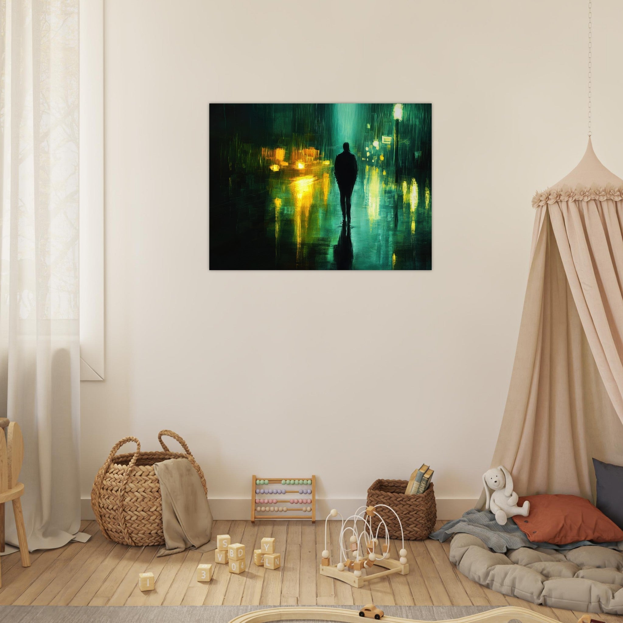 Fine Art Poster Landscape - A man walks alone in the pouring rain his figure - Shop Ai Art WebShop - Digital Art online Store