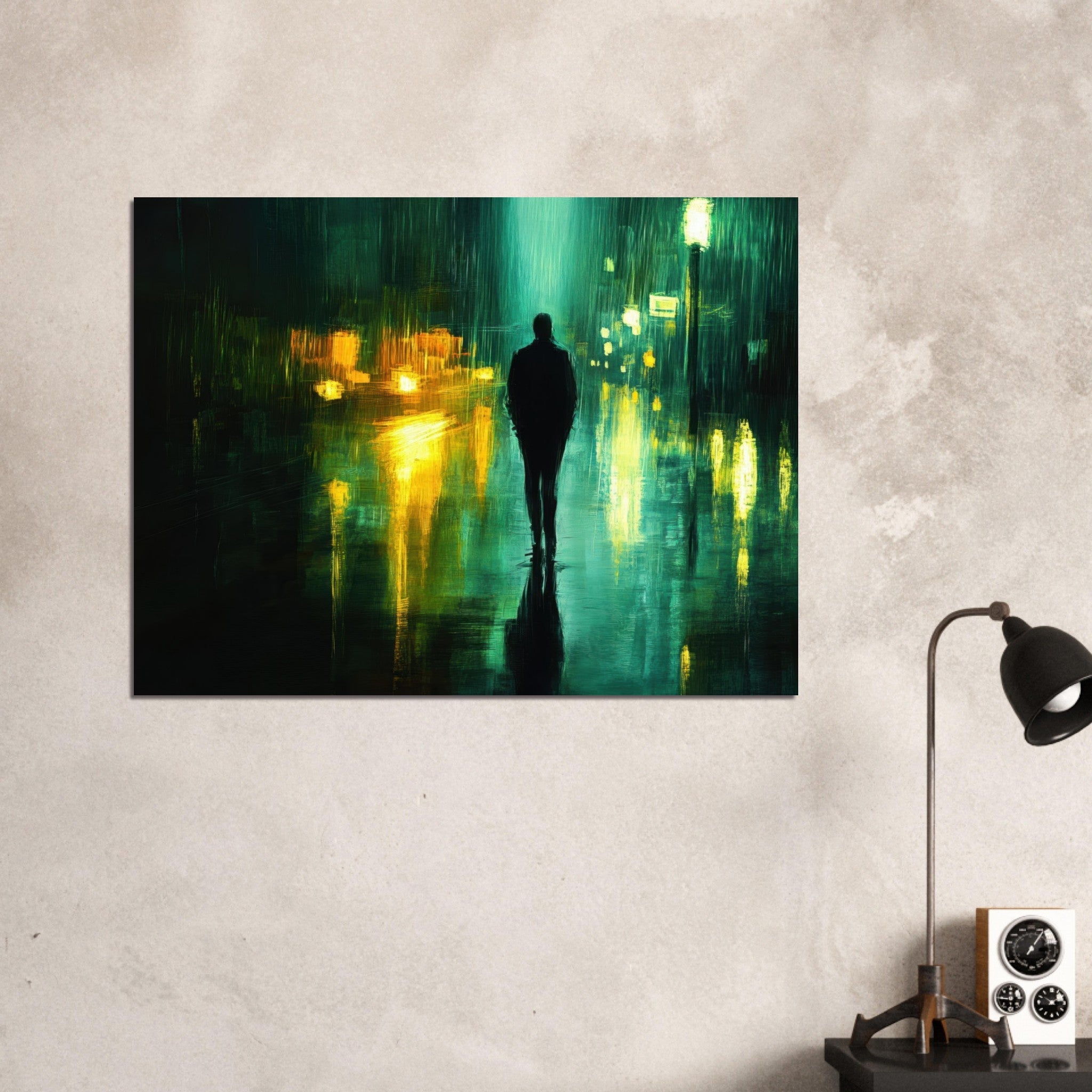 Fine Art Poster Landscape - A man walks alone in the pouring rain his figure - Shop Ai Art WebShop - Digital Art online Store