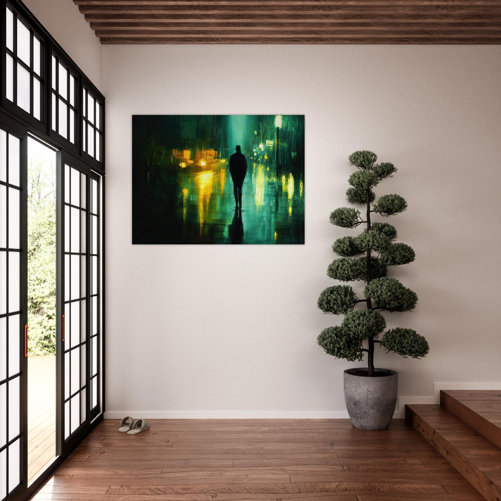 Fine Art Poster Landscape - A man walks alone in the pouring rain his figure - Shop Ai Art WebShop - Digital Art online Store