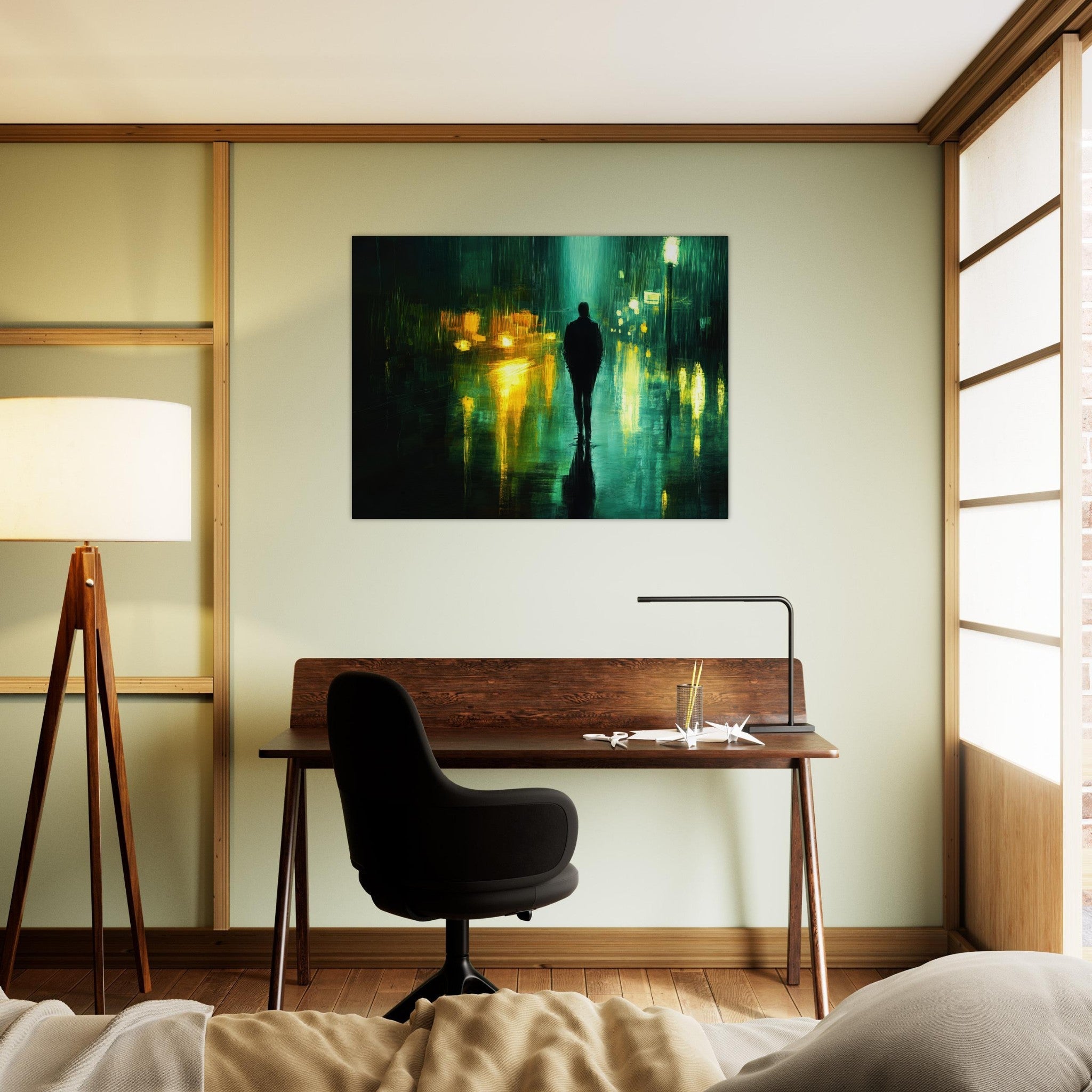 Fine Art Poster Landscape - A man walks alone in the pouring rain his figure - Shop Ai Art WebShop - Digital Art online Store
