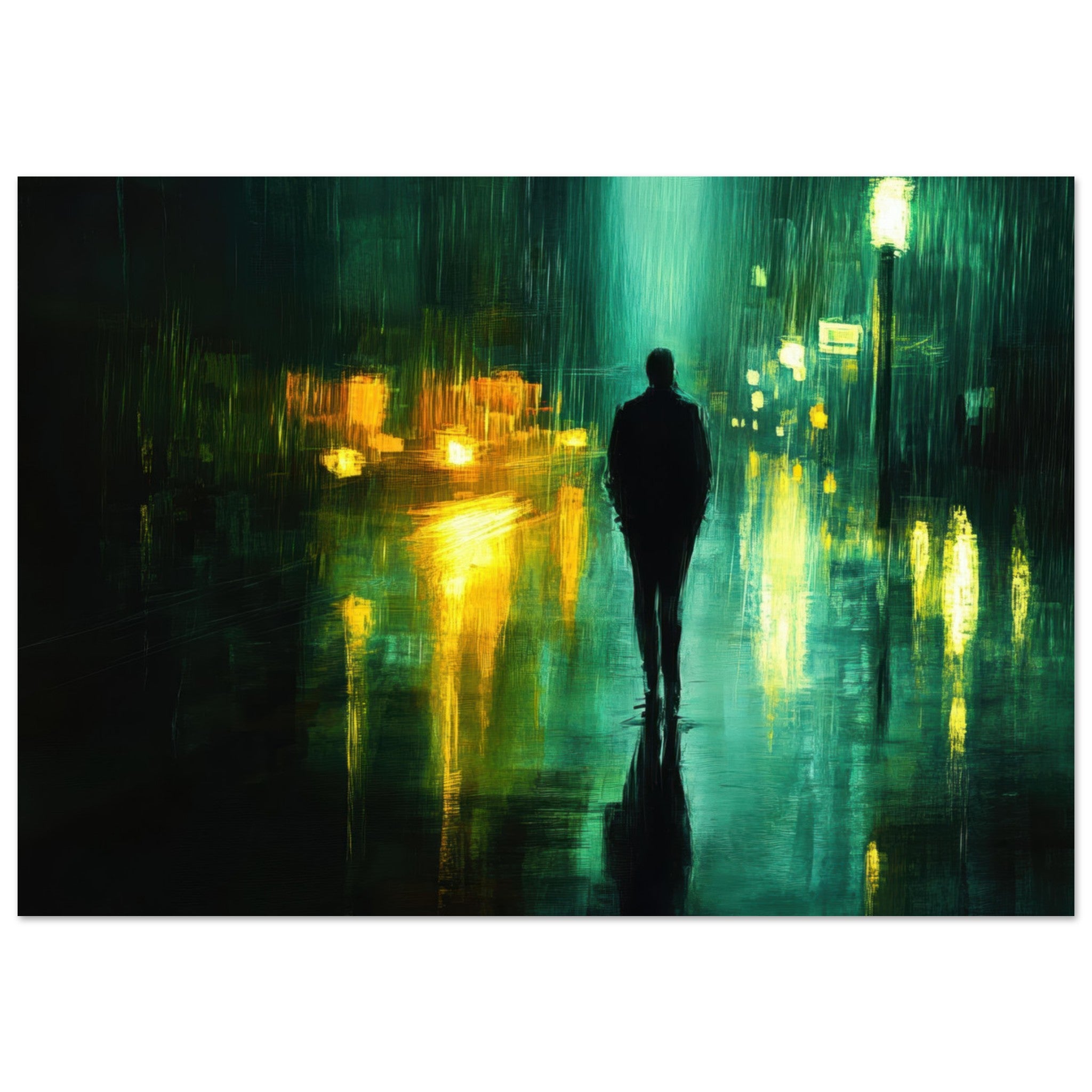 Fine Art Poster Landscape - A man walks alone in the pouring rain his figure - Shop Ai Art WebShop - Digital Art online Store