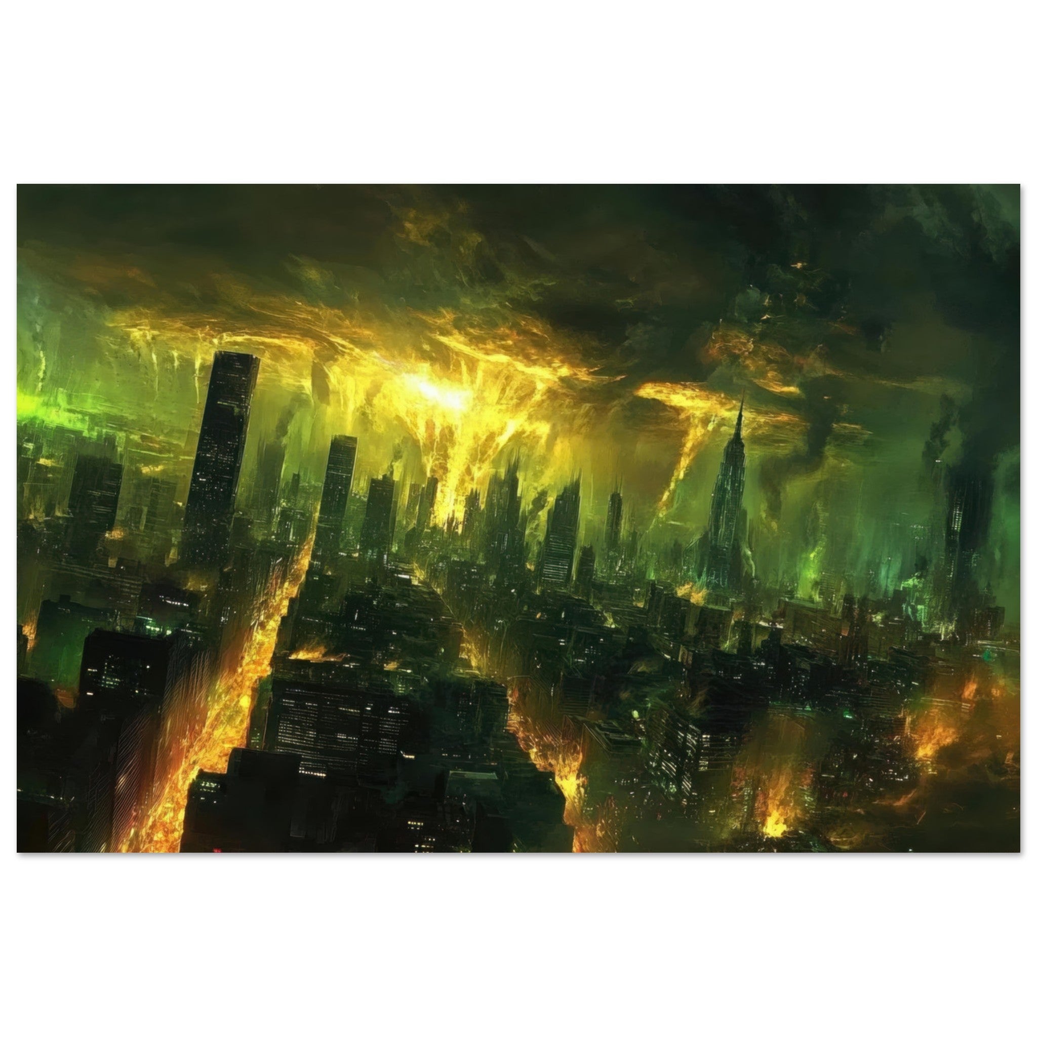 Fine Art Poster Landscape - A sprawling city skyline but every building bend - Shop Ai Art WebShop - Digital Art online Store