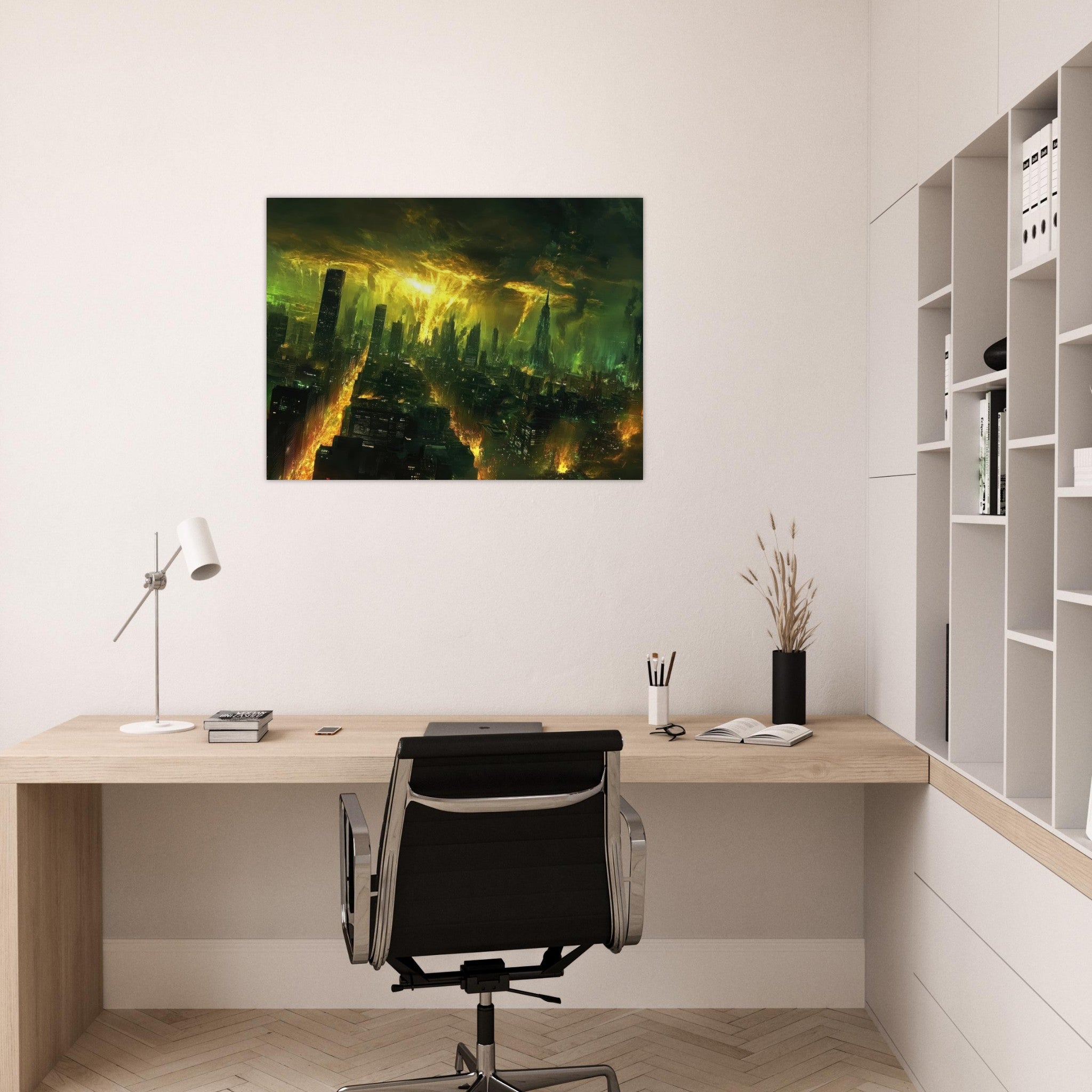 Fine Art Poster Landscape - A sprawling city skyline but every building bend - Shop Ai Art WebShop - Digital Art online Store