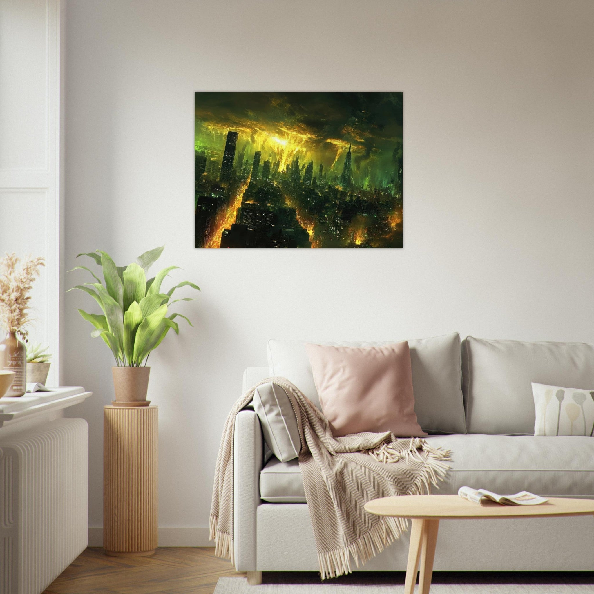 Fine Art Poster Landscape - A sprawling city skyline but every building bend - Shop Ai Art WebShop - Digital Art online Store