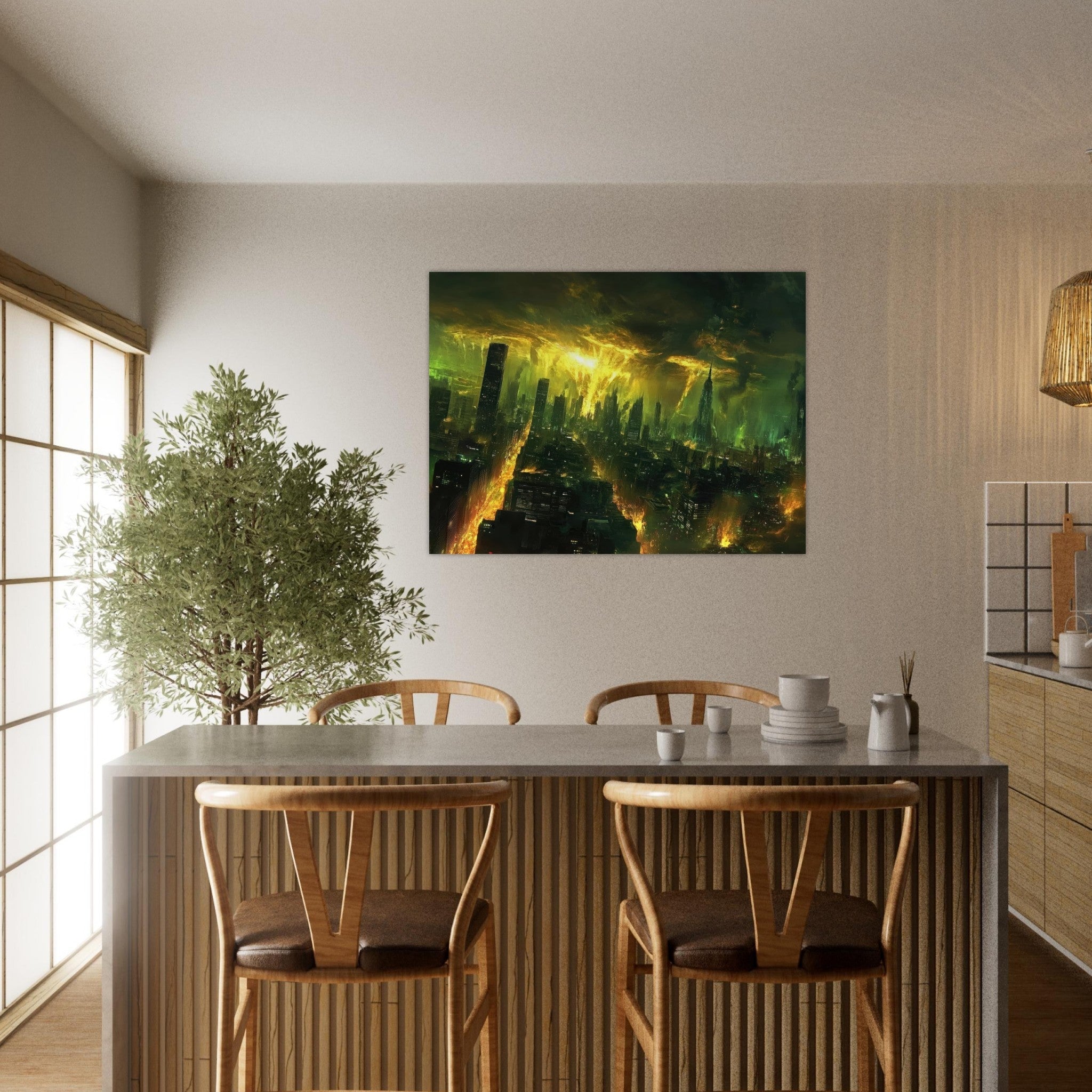Fine Art Poster Landscape - A sprawling city skyline but every building bend - Shop Ai Art WebShop - Digital Art online Store