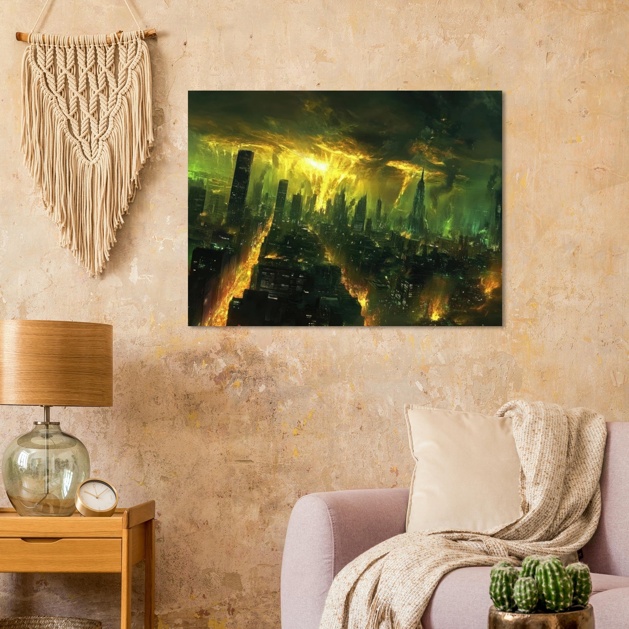 Fine Art Poster Landscape - A sprawling city skyline but every building bend - Shop Ai Art WebShop - Digital Art online Store