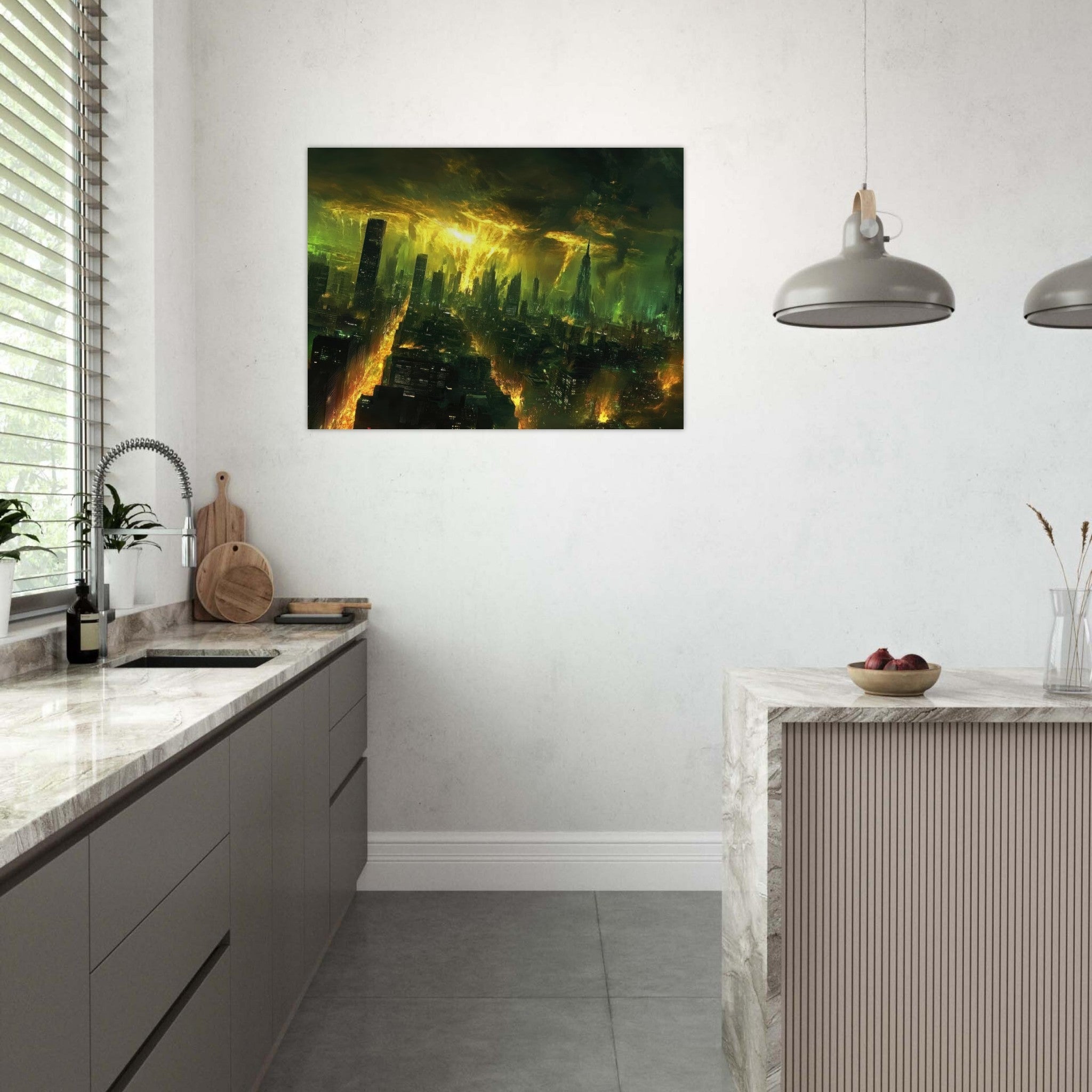 Fine Art Poster Landscape - A sprawling city skyline but every building bend - Shop Ai Art WebShop - Digital Art online Store