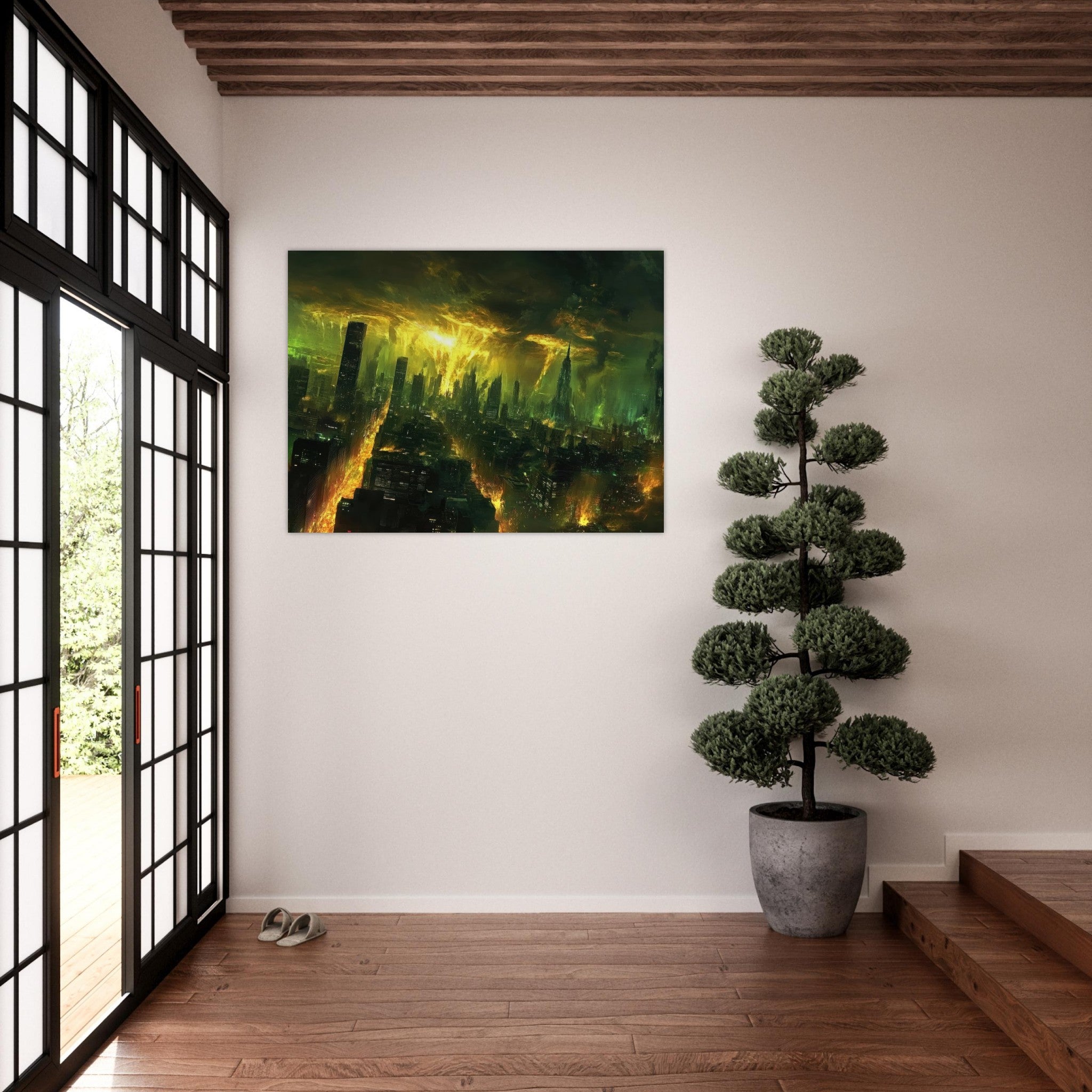 Fine Art Poster Landscape - A sprawling city skyline but every building bend - Shop Ai Art WebShop - Digital Art online Store